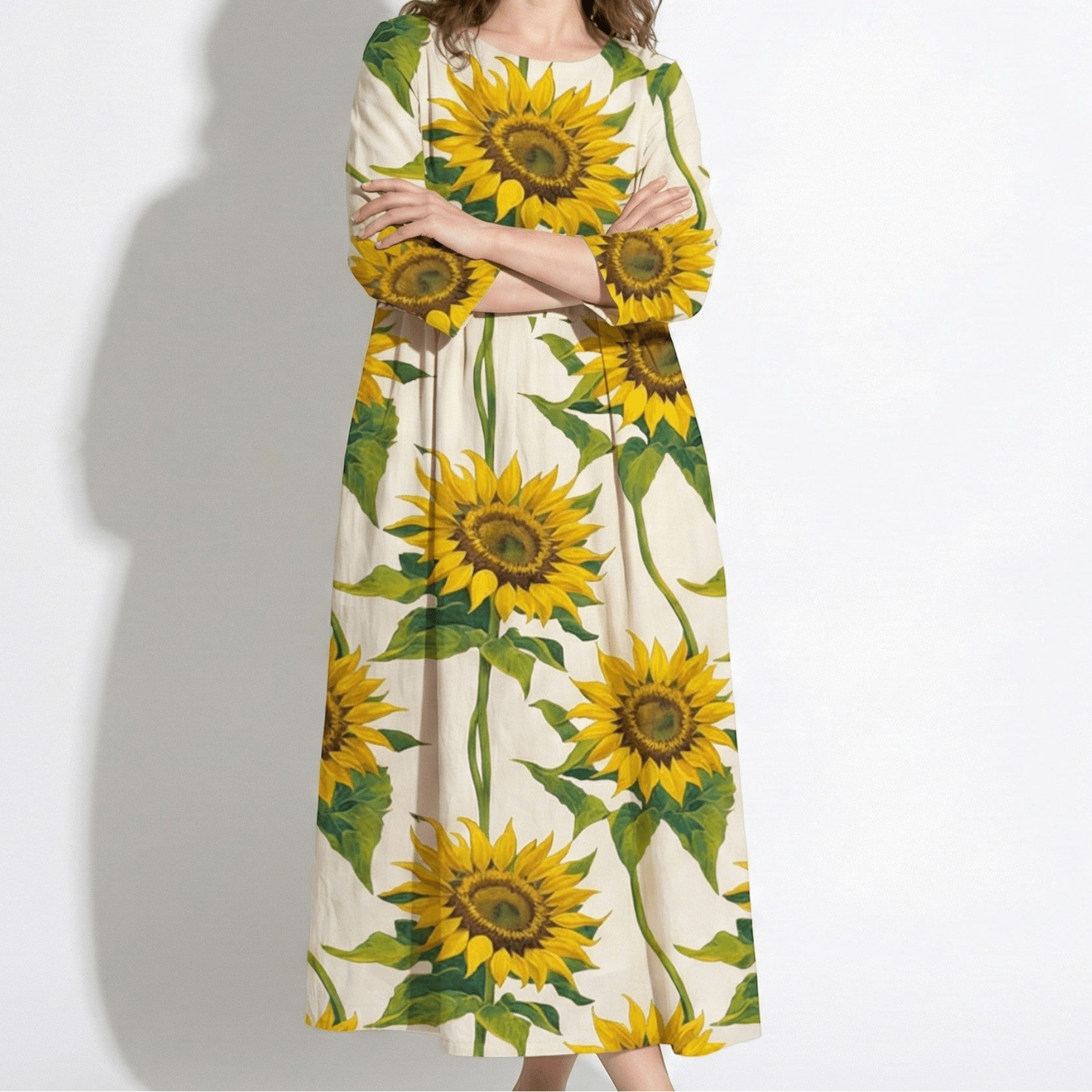 Eleanor - Women’s Long Sleeve Maxi Dress with Printed Detail - Spring Dresses - Apricot - Sunflower - Jones & Smith