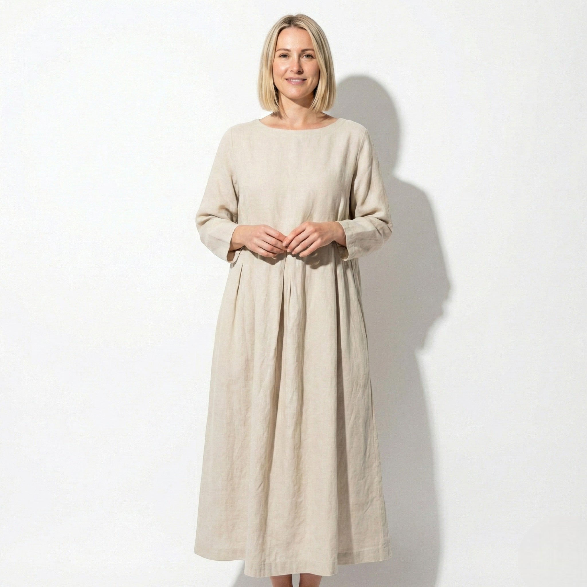 Eleanor - Women’s Long Sleeve Maxi Dress with Printed Detail - Spring Dresses - Apricot - Jones & Smith