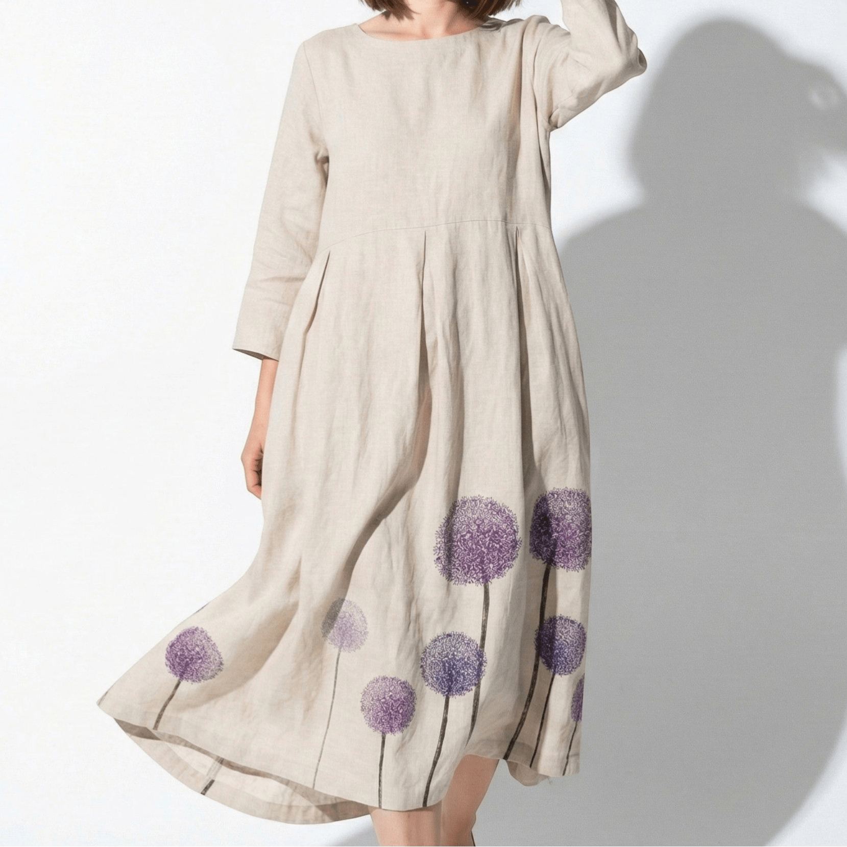 Eleanor - Women’s Long Sleeve Maxi Dress with Printed Detail - Spring Dresses - Apricot - Purple Flower - Jones & Smith