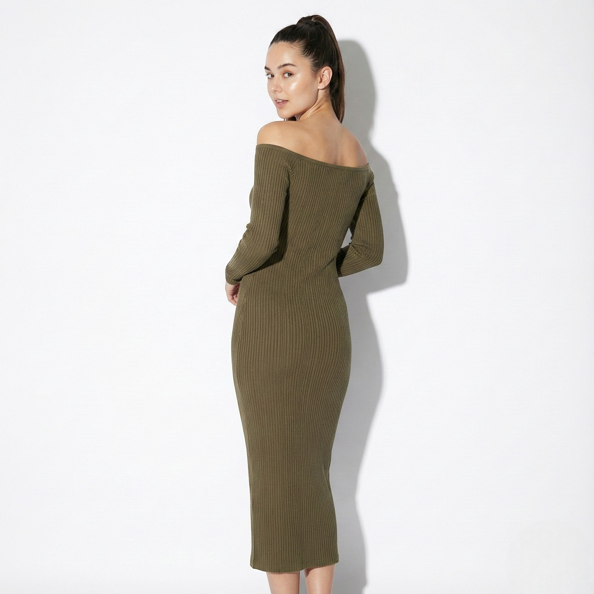 Eleanor - Women's Off - Shoulder Ribbed Maxi Dress - Dresses - Green - Jones & Smith