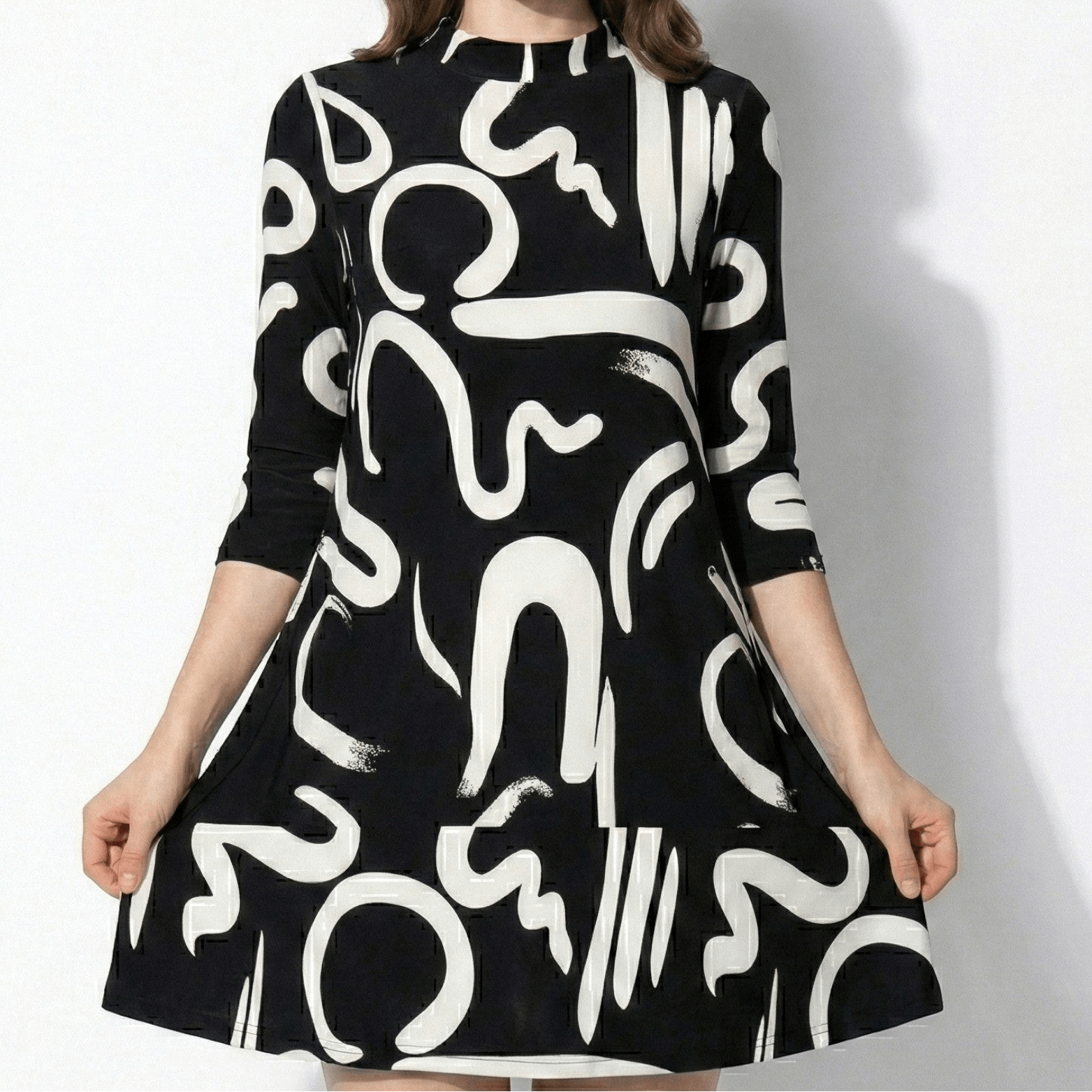 Eleanor - Women’s Printed Midi Dress with Abstract Swirl Pattern - Women Dress - Black - Jones & Smith