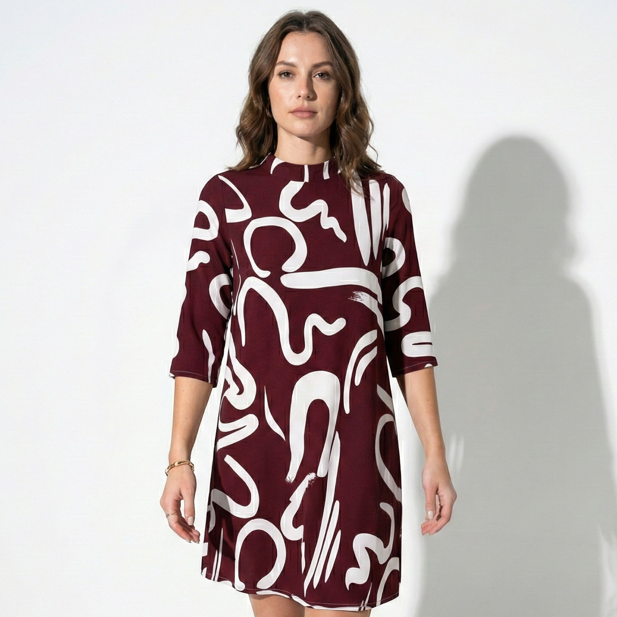 Eleanor - Women’s Printed Midi Dress with Abstract Swirl Pattern - Women Dress - Burgundy - Jones & Smith