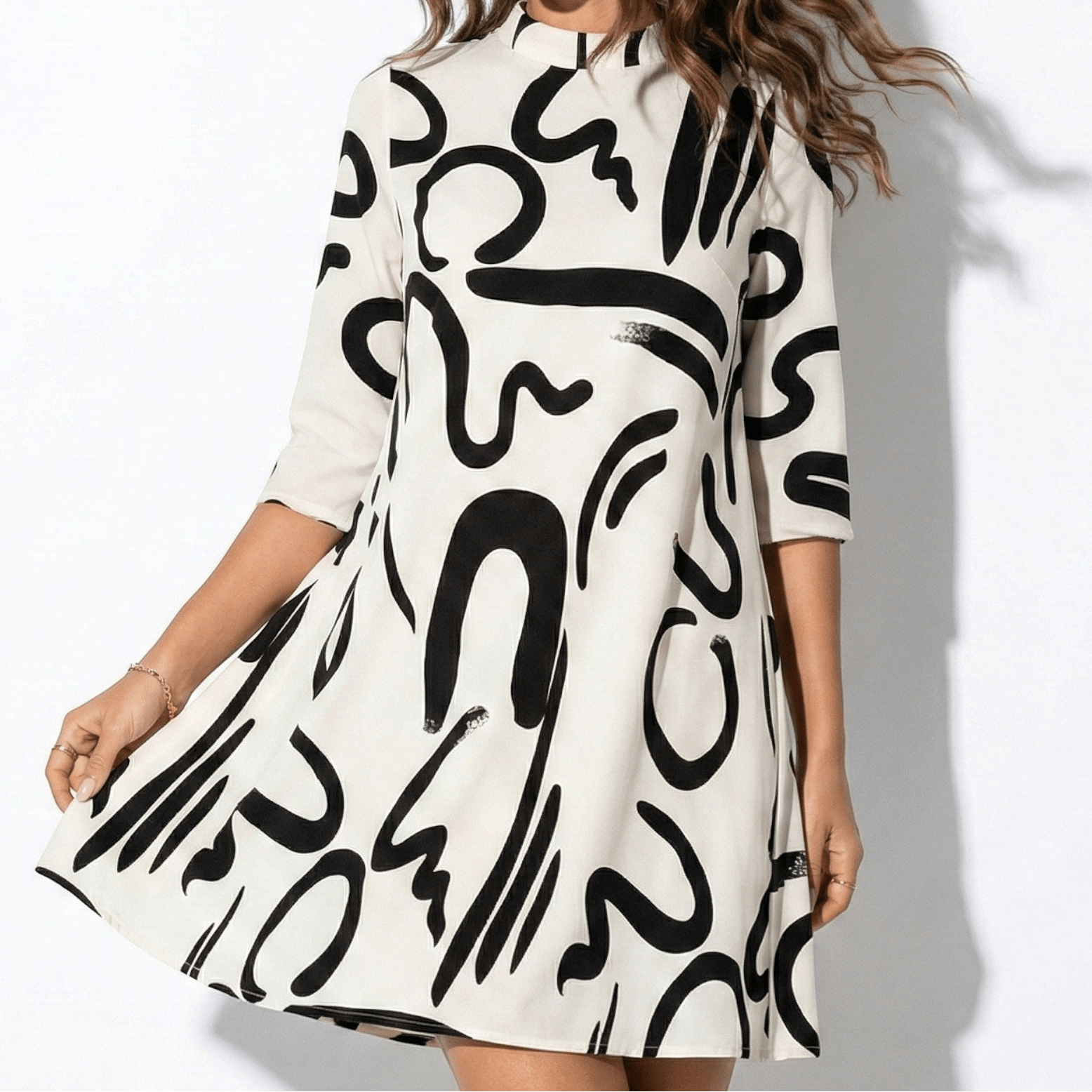 Eleanor - Women’s Printed Midi Dress with Abstract Swirl Pattern - Women Dress - White - Jones & Smith