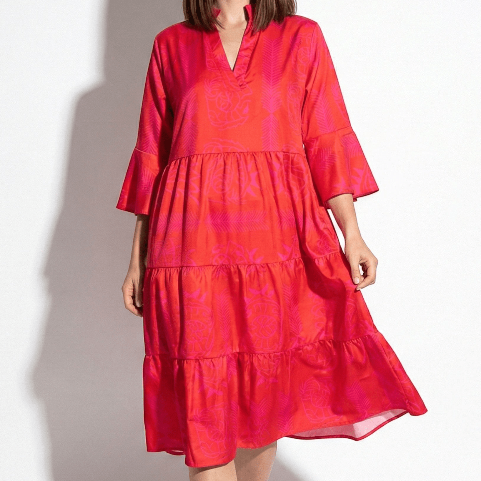 Eleanor - Women’s Printed V - Neck Tiered Tunic Dress - Women Dress - Red - Jones & Smith