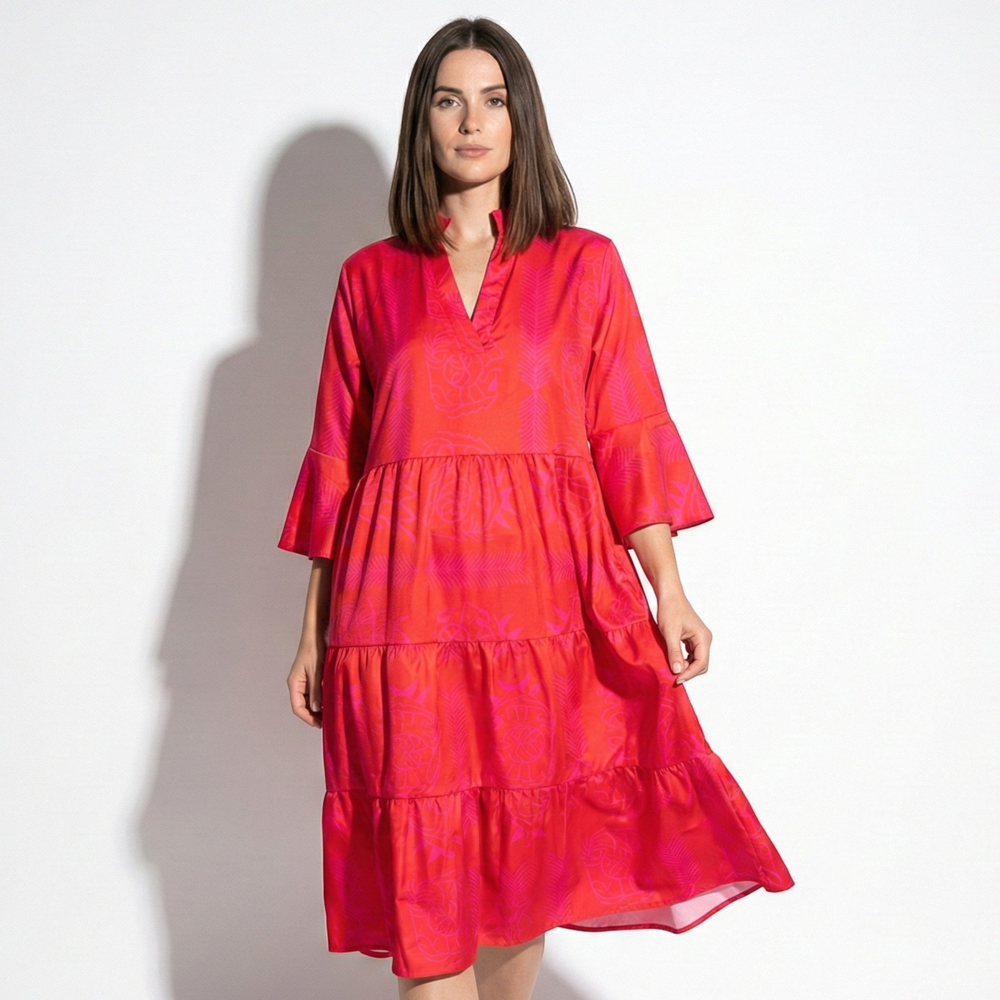 Eleanor - Women’s Printed V - Neck Tiered Tunic Dress - Women Dress - Red - Jones & Smith