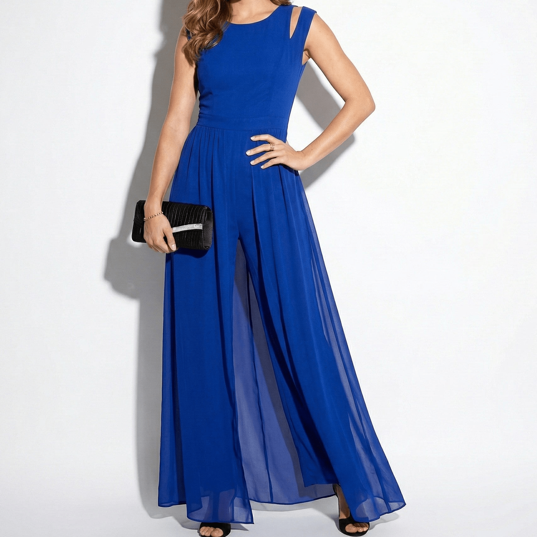 Eleanor - Women’s Sleeveless Evening Jumpsuit with Chiffon Overlay - Jumpsuits - Royal Blue - Jones & Smith