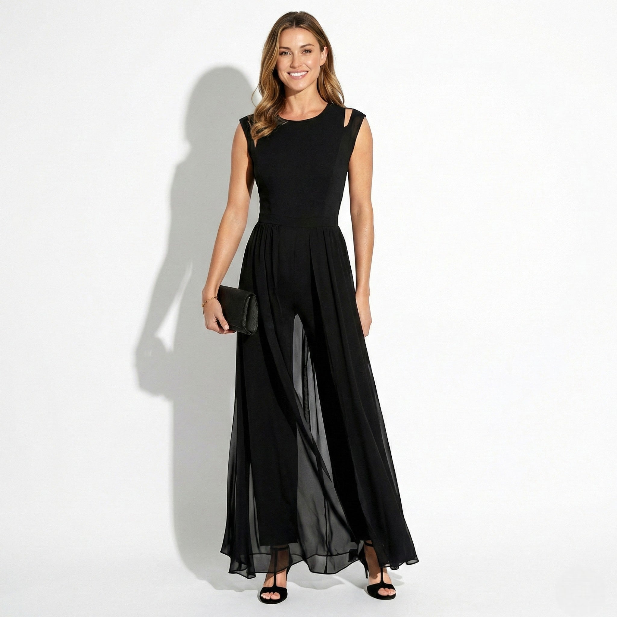 Eleanor - Women’s Sleeveless Evening Jumpsuit with Chiffon Overlay - Jumpsuits - Black - Jones & Smith