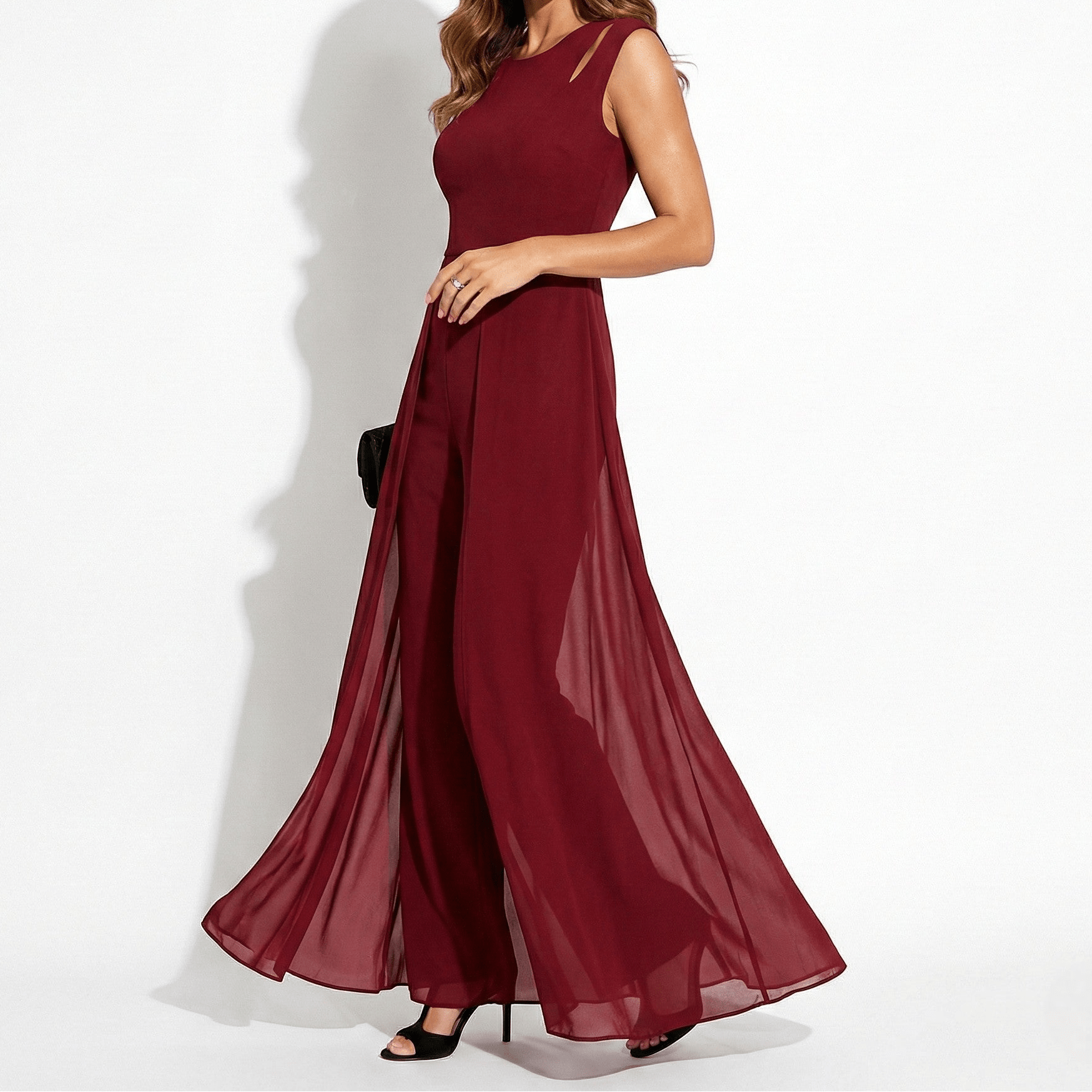 Eleanor - Women’s Sleeveless Evening Jumpsuit with Chiffon Overlay - Jumpsuits - Red - Jones & Smith