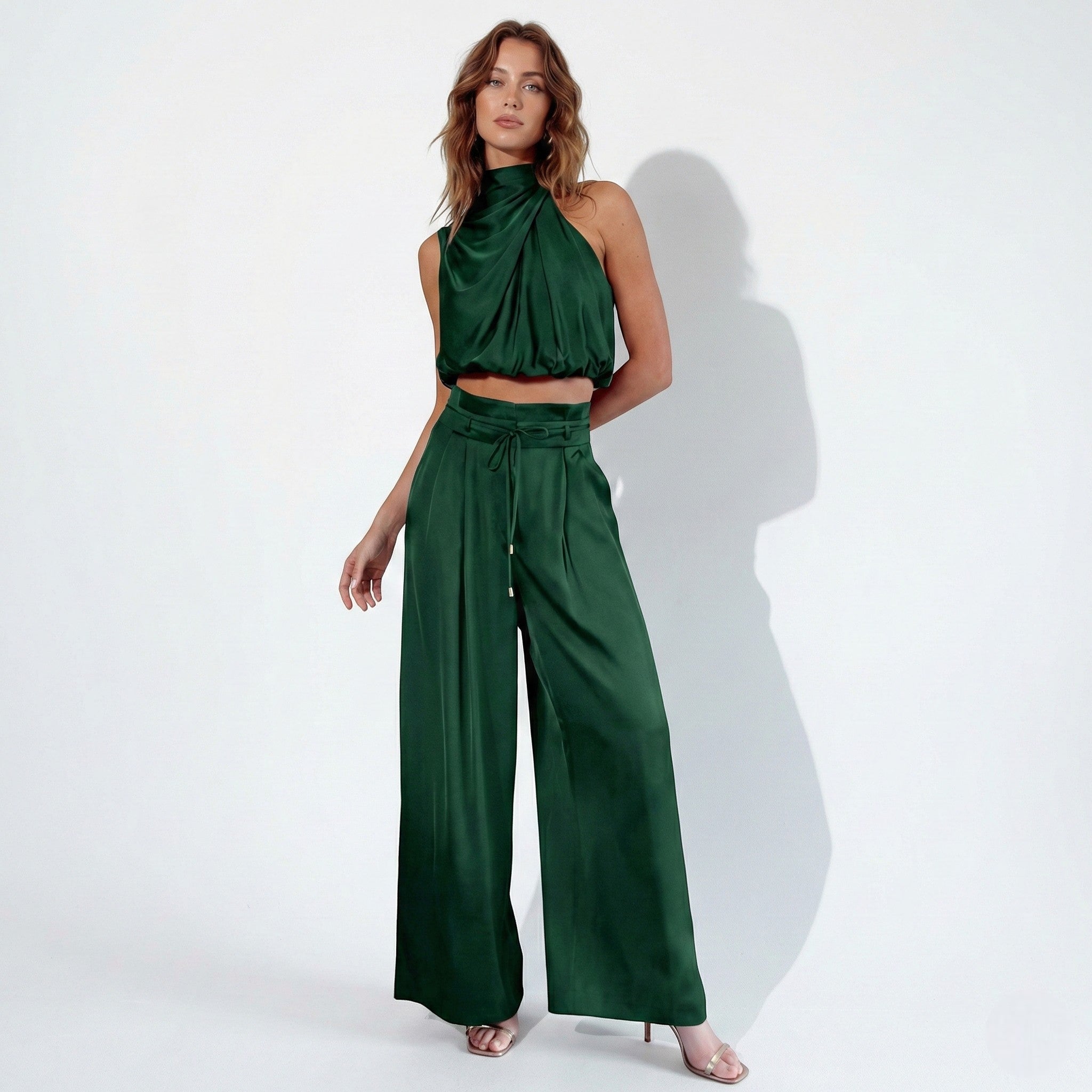 Eleanor - Women’s Sleeveless Halter Neck Top and Wide Leg Trouser Set - Women Jumpsuit - Dark Green - Jones & Smith