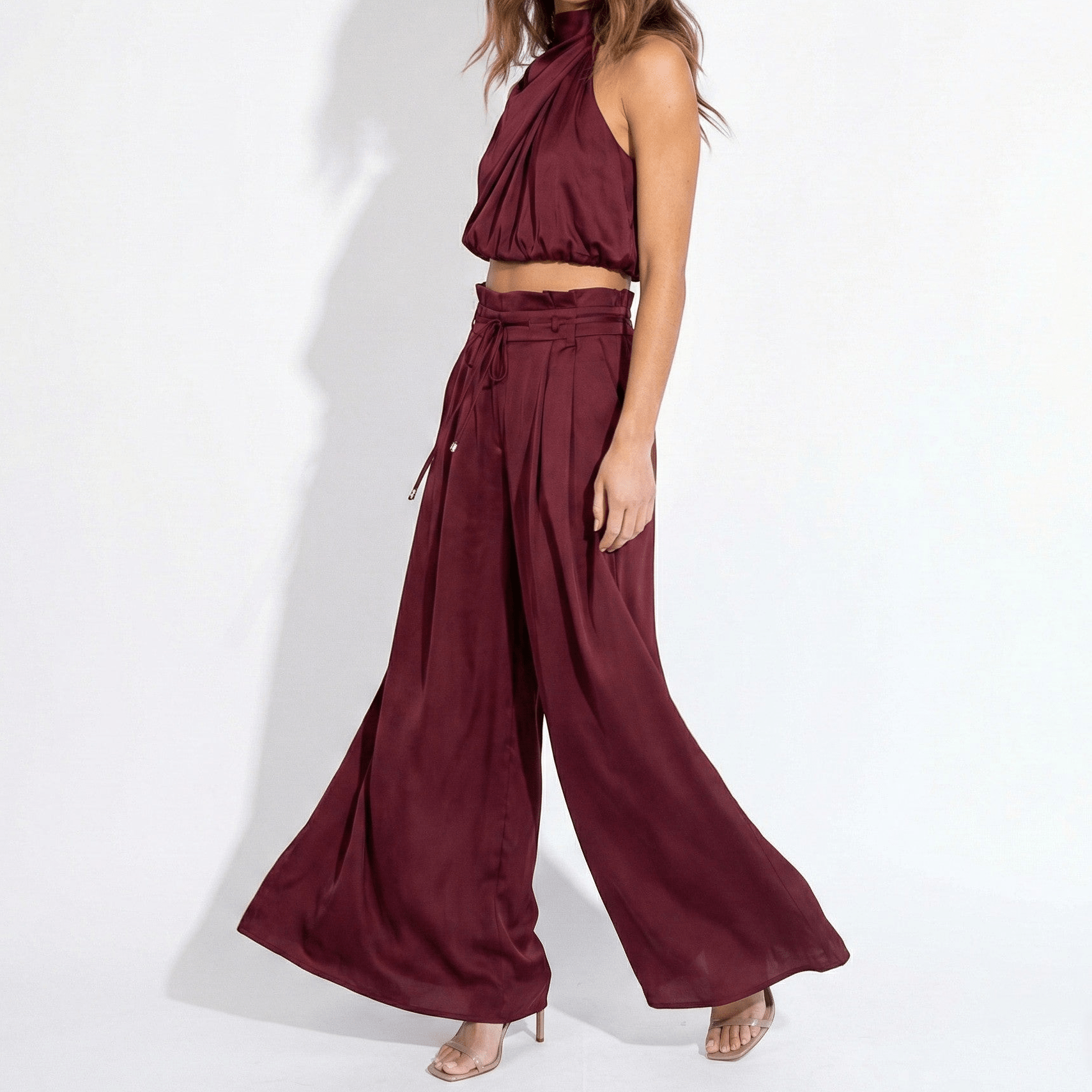 Eleanor - Women’s Sleeveless Halter Neck Top and Wide Leg Trouser Set - Women Jumpsuit - Red - Jones & Smith