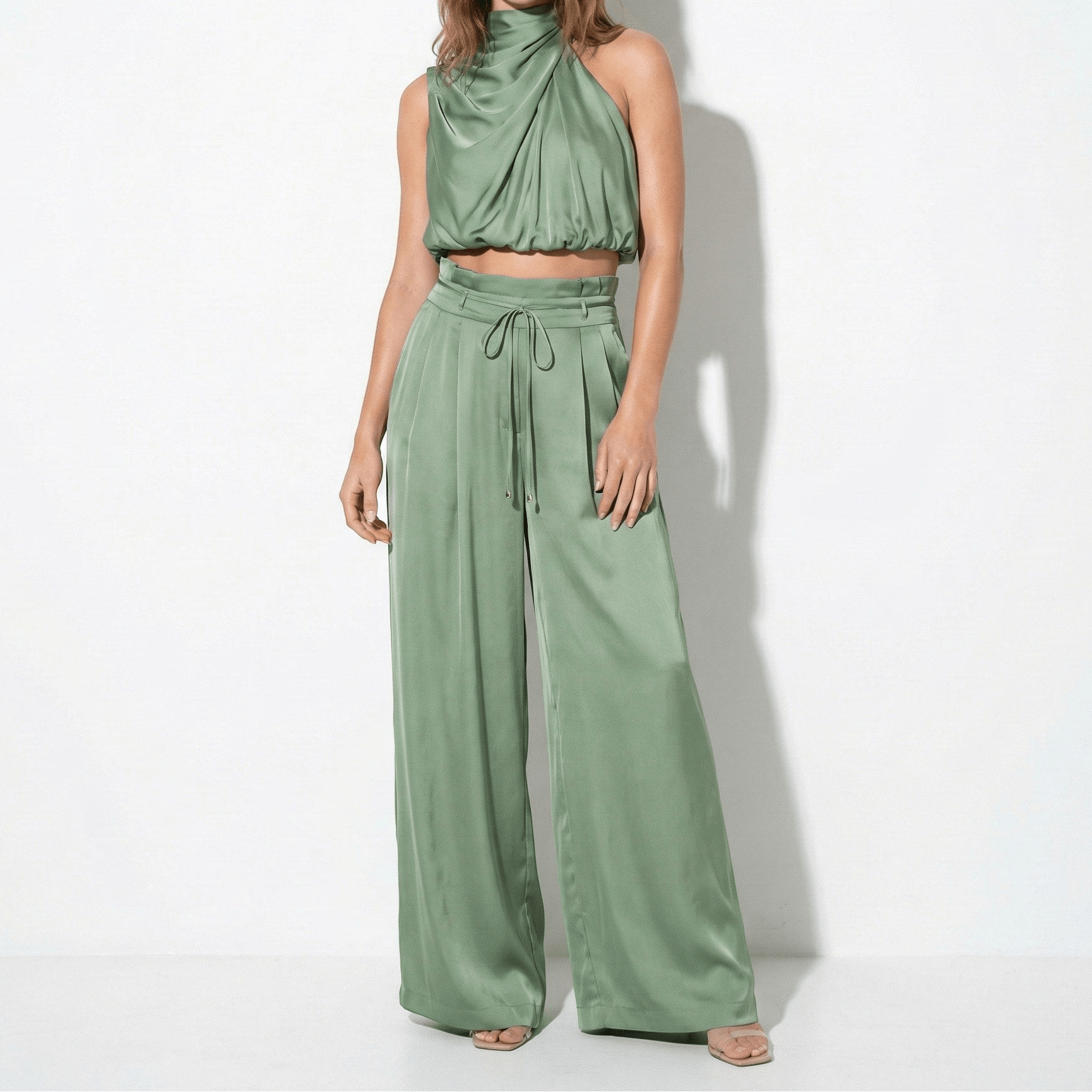 Eleanor - Women’s Sleeveless Halter Neck Top and Wide Leg Trouser Set - Women Jumpsuit - Olive Green - Jones & Smith