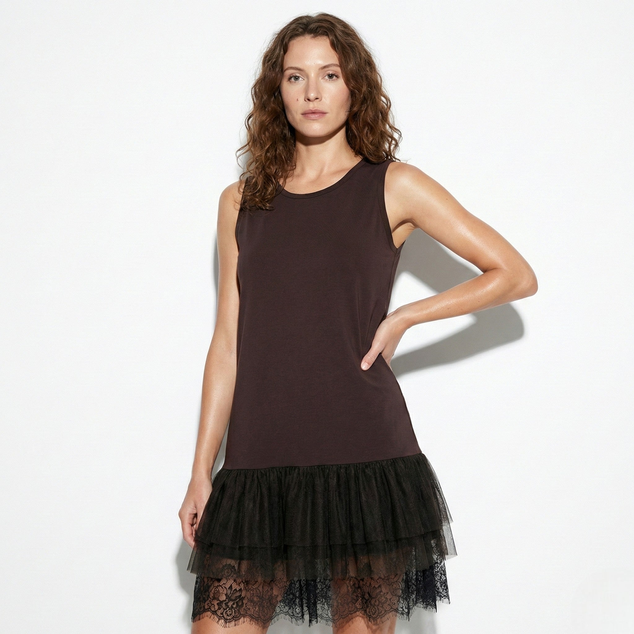 Eleanor - Women’s Sleeveless Midi Dress with Ruffle Trim - Dresses - Brown - Jones & Smith