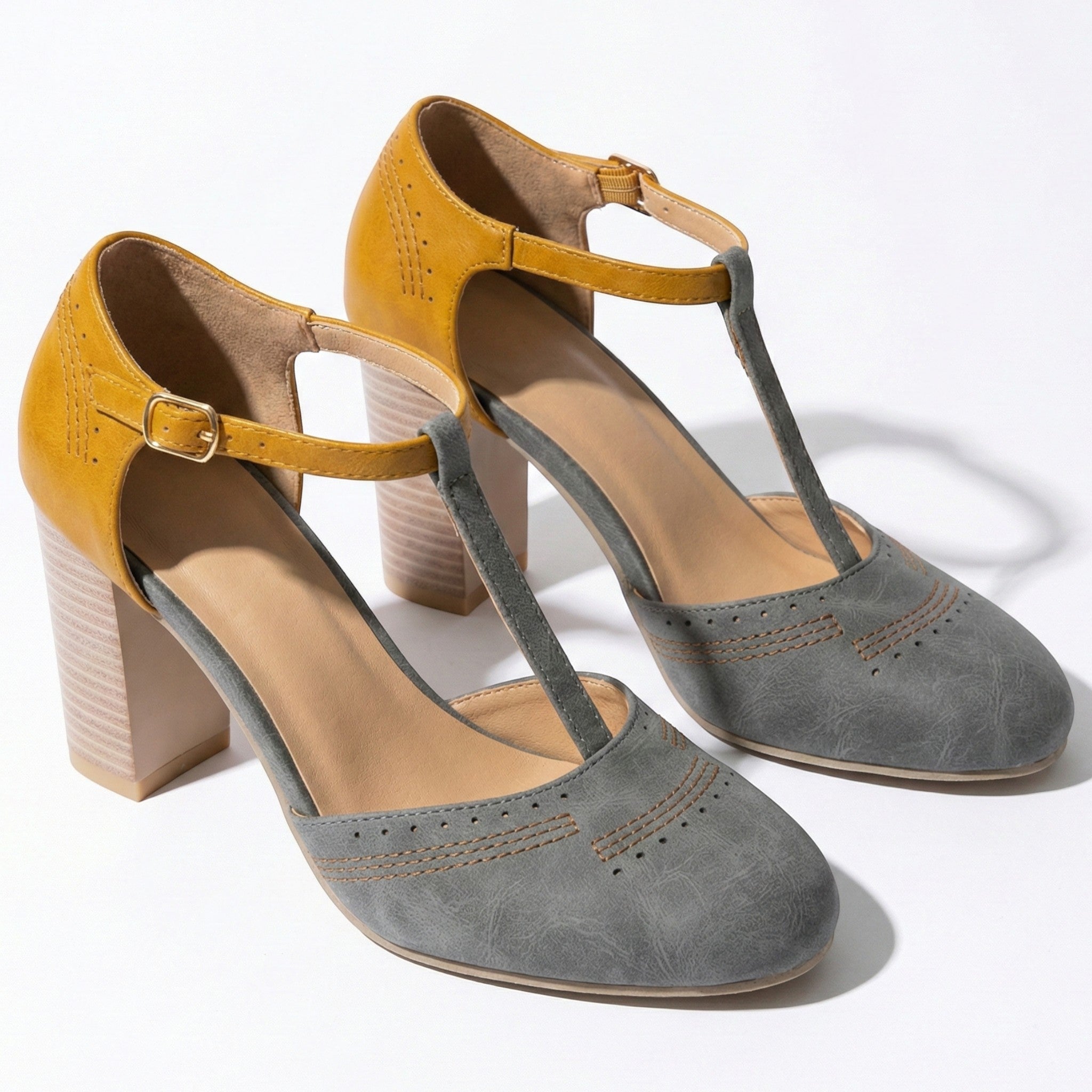 Eleanor - Women’s T - Bar Block Heel Brogue Sandals - Brogue Sandals - Grey - Jones & Smith