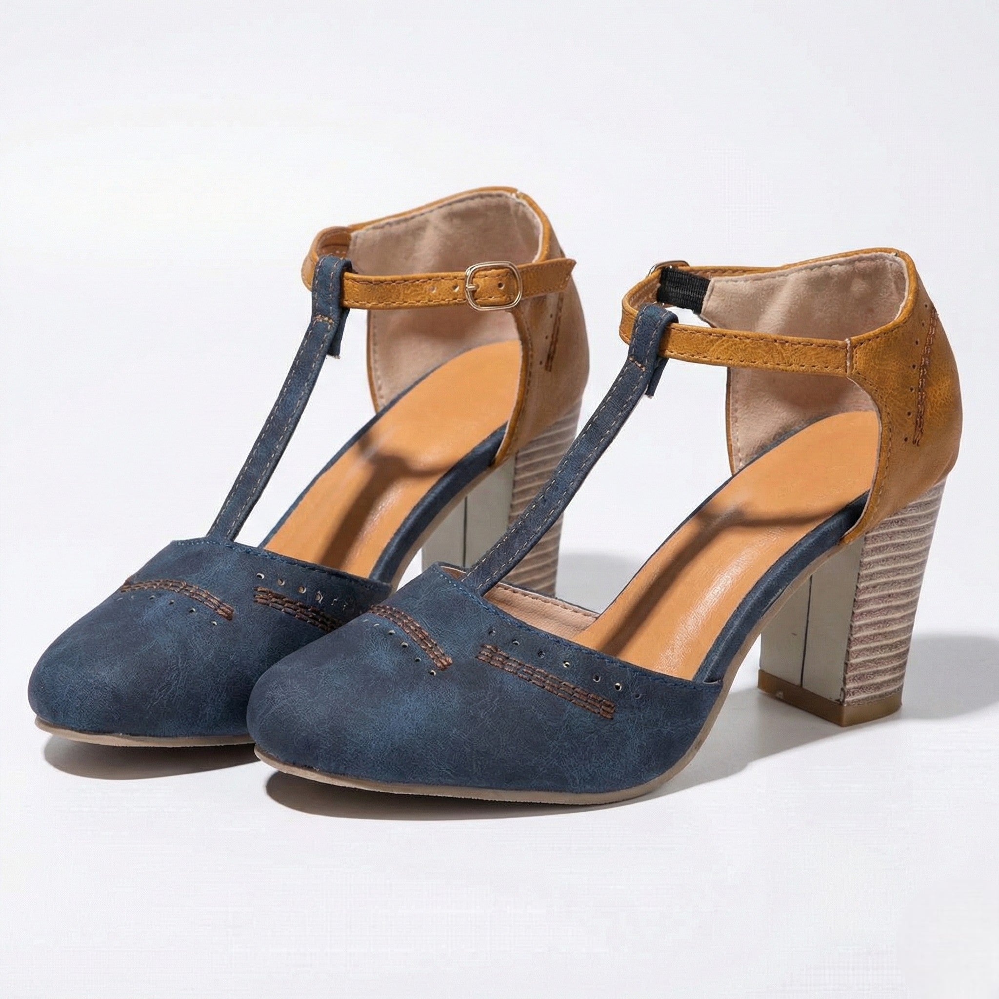 Eleanor - Women’s T - Bar Block Heel Brogue Sandals - Brogue Sandals - Blue - Jones & Smith