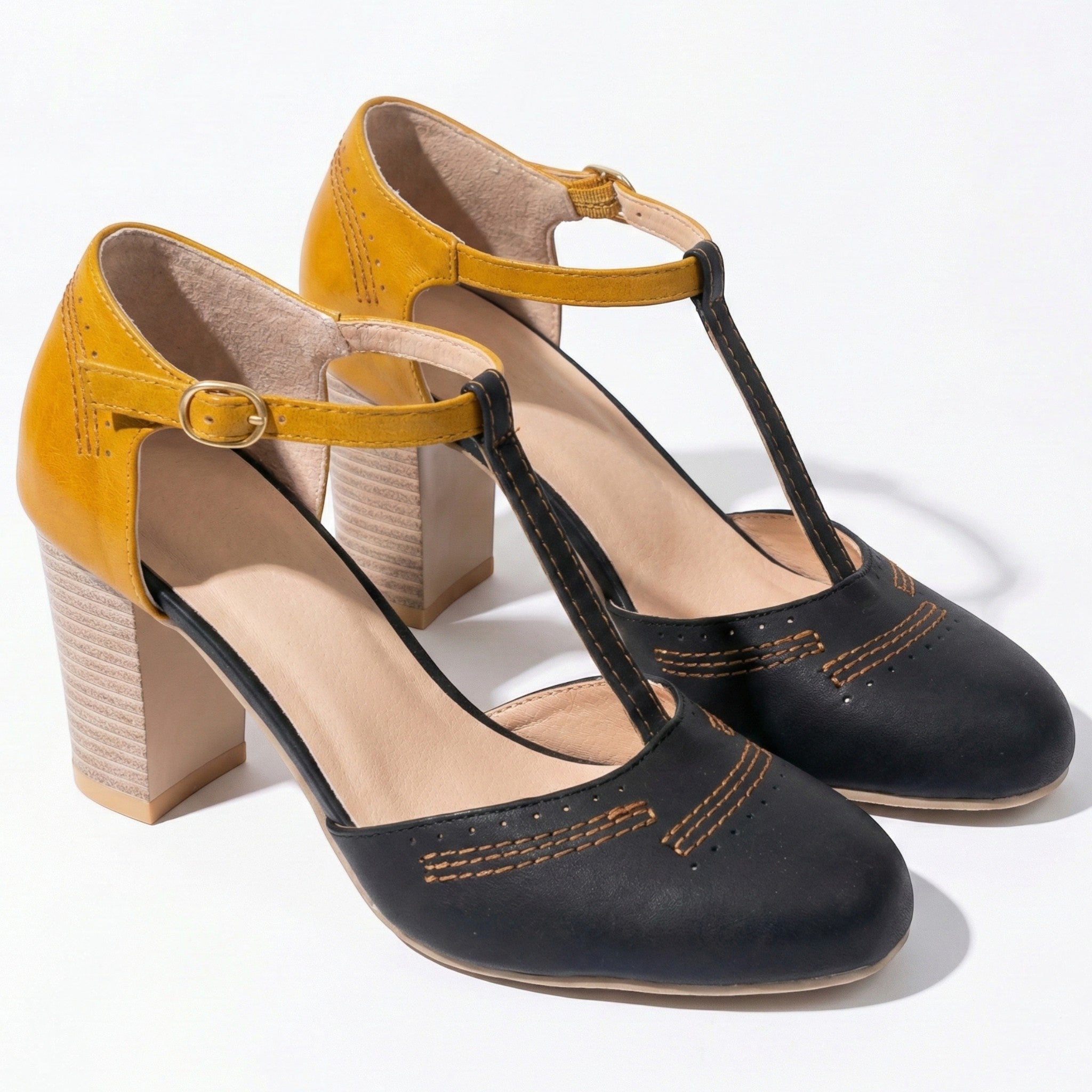 Eleanor - Women’s T - Bar Block Heel Brogue Sandals - Brogue Sandals - Black - Jones & Smith