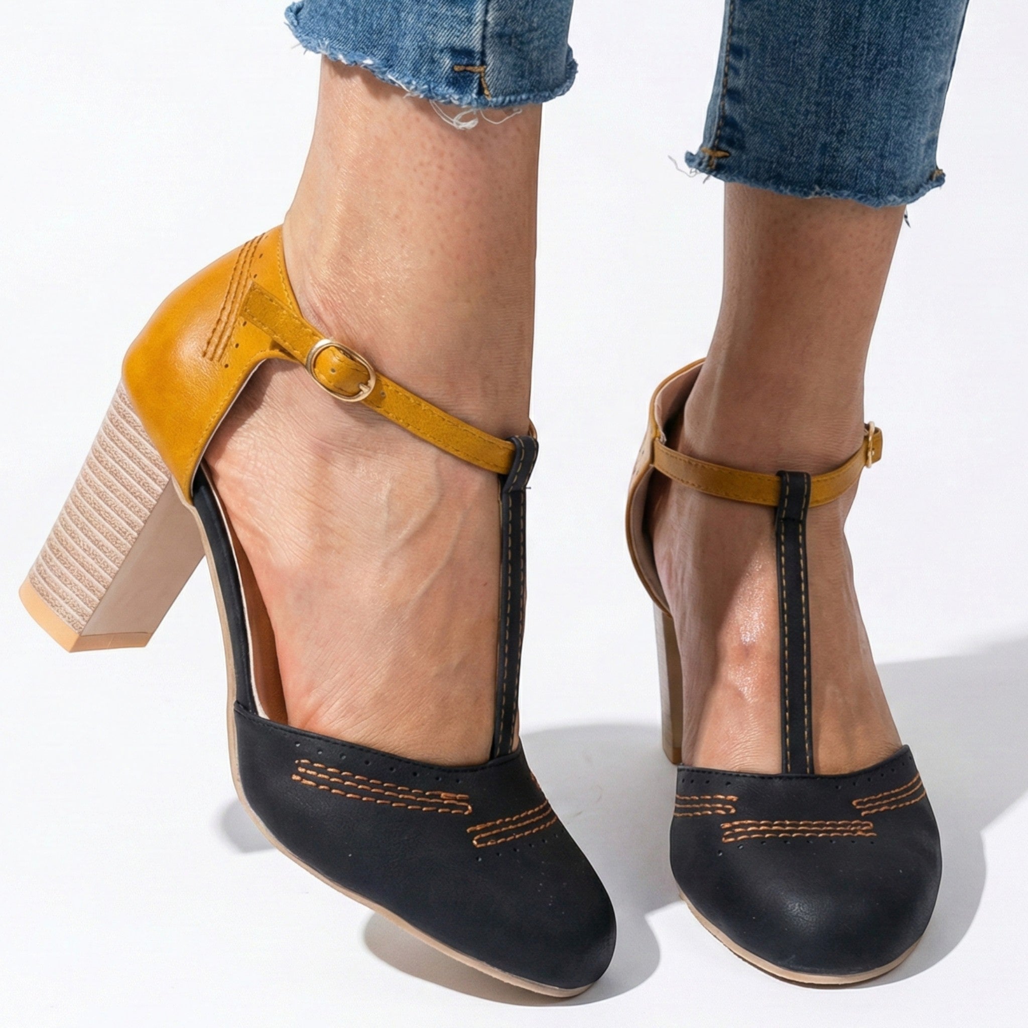 Eleanor - Women’s T - Bar Block Heel Brogue Sandals - Brogue Sandals - Black - Jones & Smith