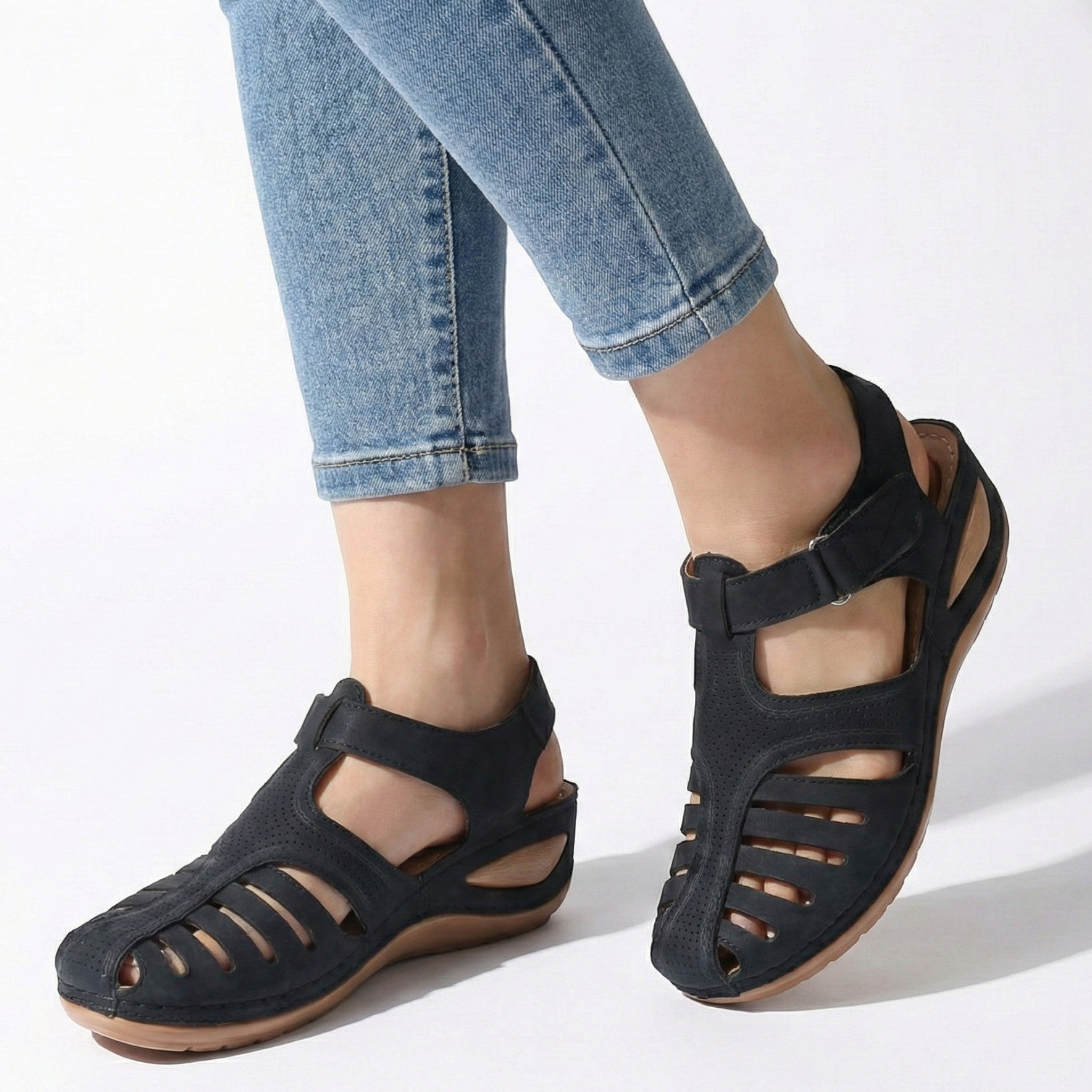 Eleanor - Women’s Wedge Sandals with Breathable Cut - Outs - Sandals - Black - Jones & Smith