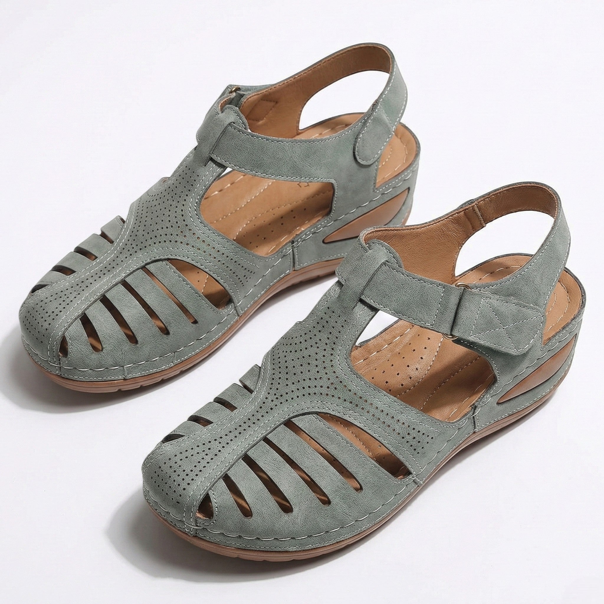 Eleanor - Women’s Wedge Sandals with Breathable Cut - Outs - Sandals - Grey - Jones & Smith
