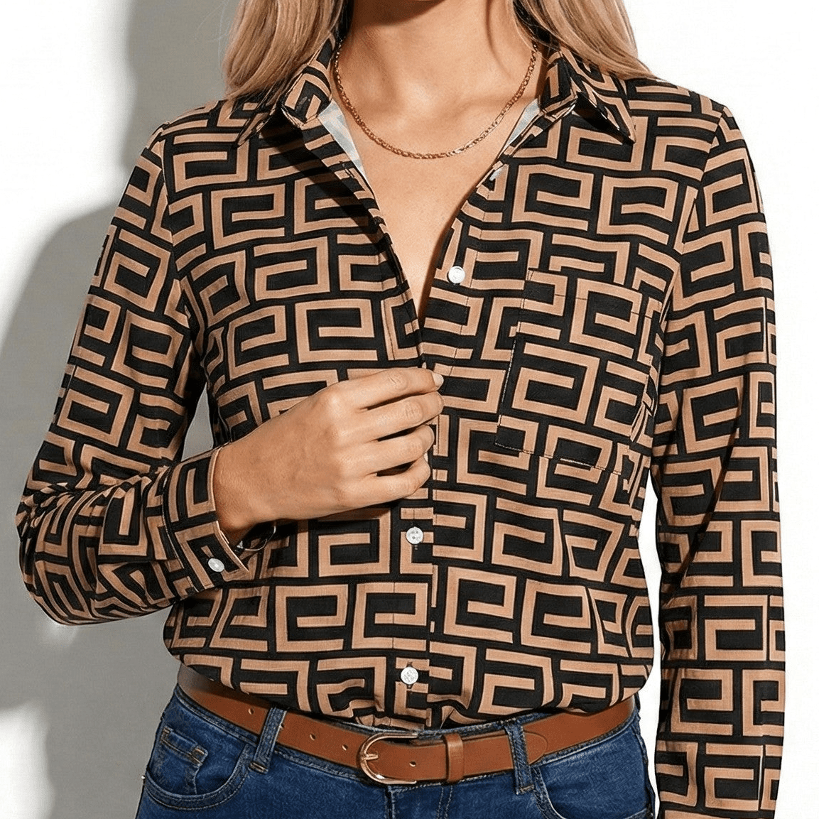 Elisa - Women's Classic Collared Blouse - Tops, T-shirts & Shirts - Brown - Jones & Smith