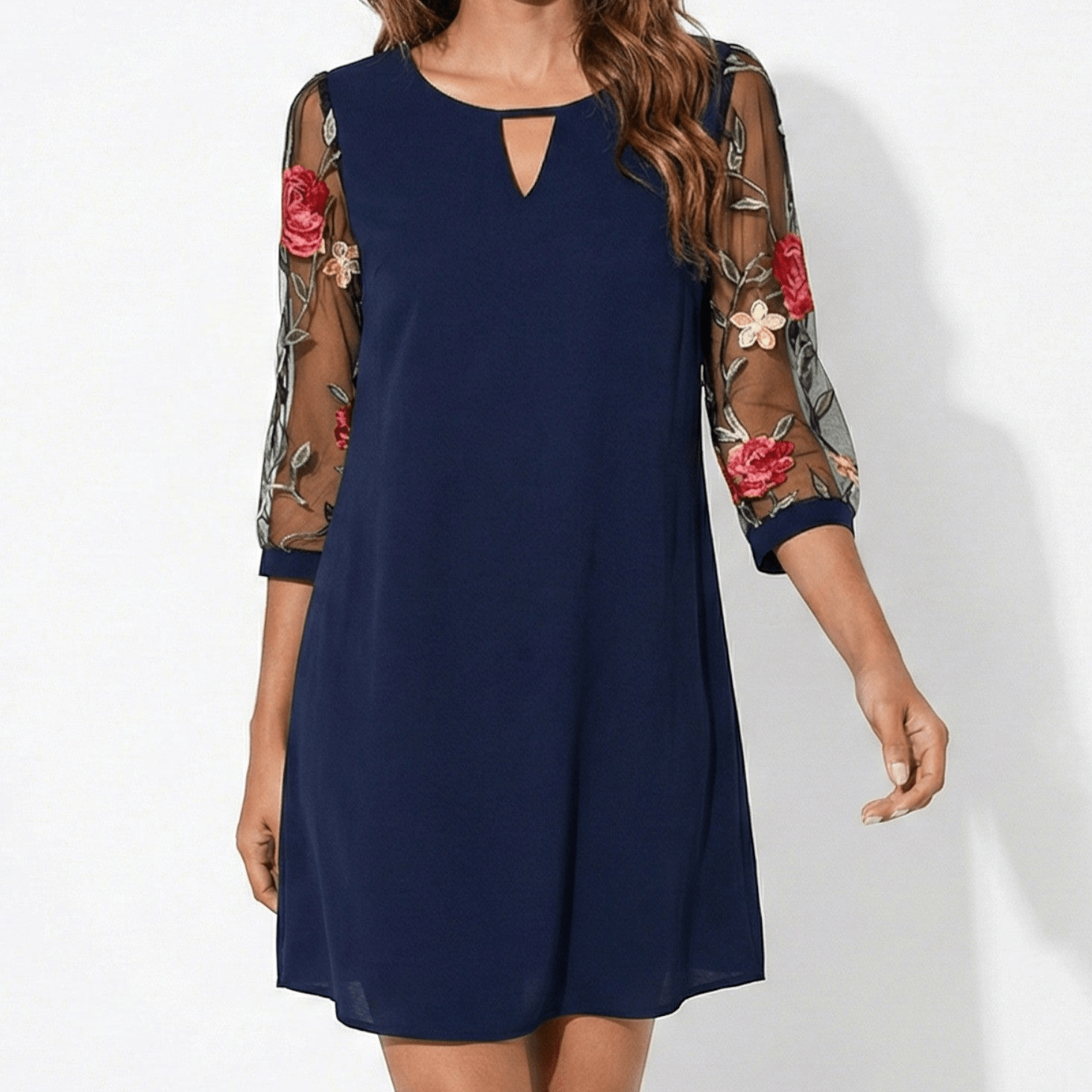 Eliza - Women's Floral Embroidered Mesh Sleeve Mini Dress - Dress - Dark Blue - Jones & Smith