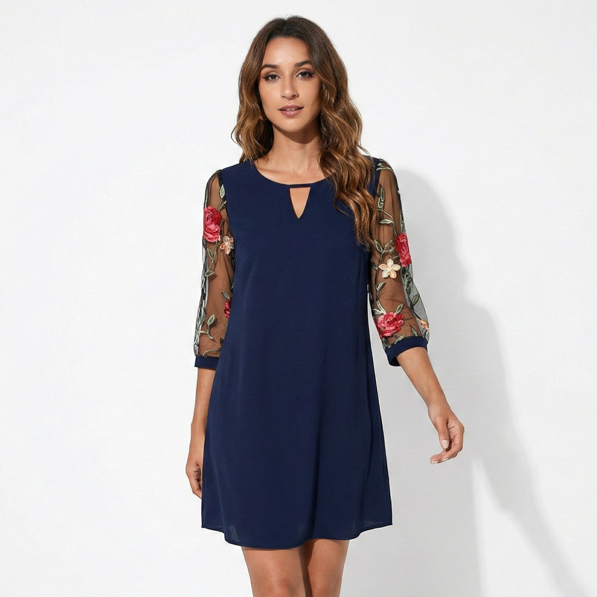 Eliza - Women's Floral Embroidered Mesh Sleeve Mini Dress - Dress - Dark Blue - Jones & Smith