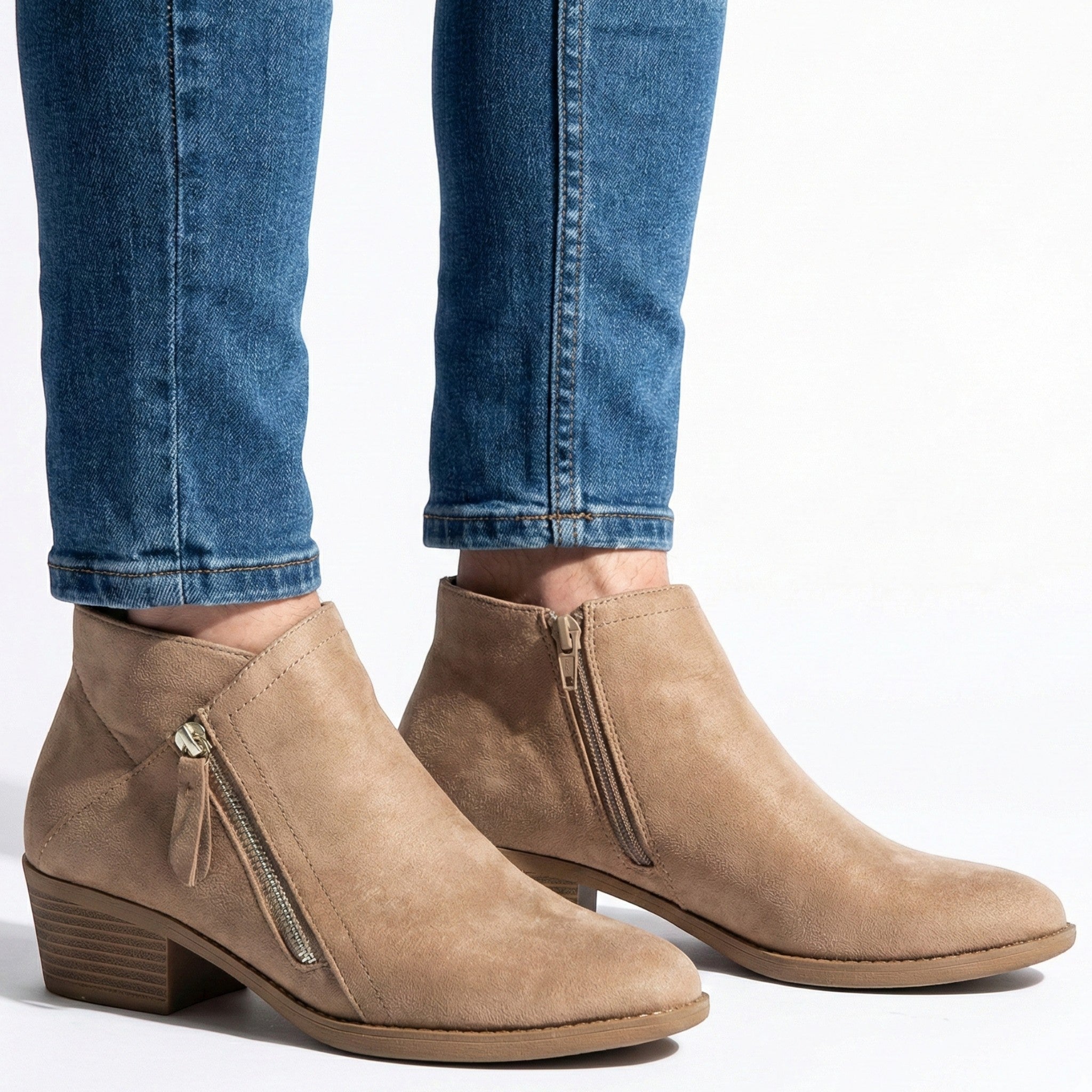 Eliza - Women's Suede Side Zip Ankle Boots - Shoes - Beige - Jones & Smith
