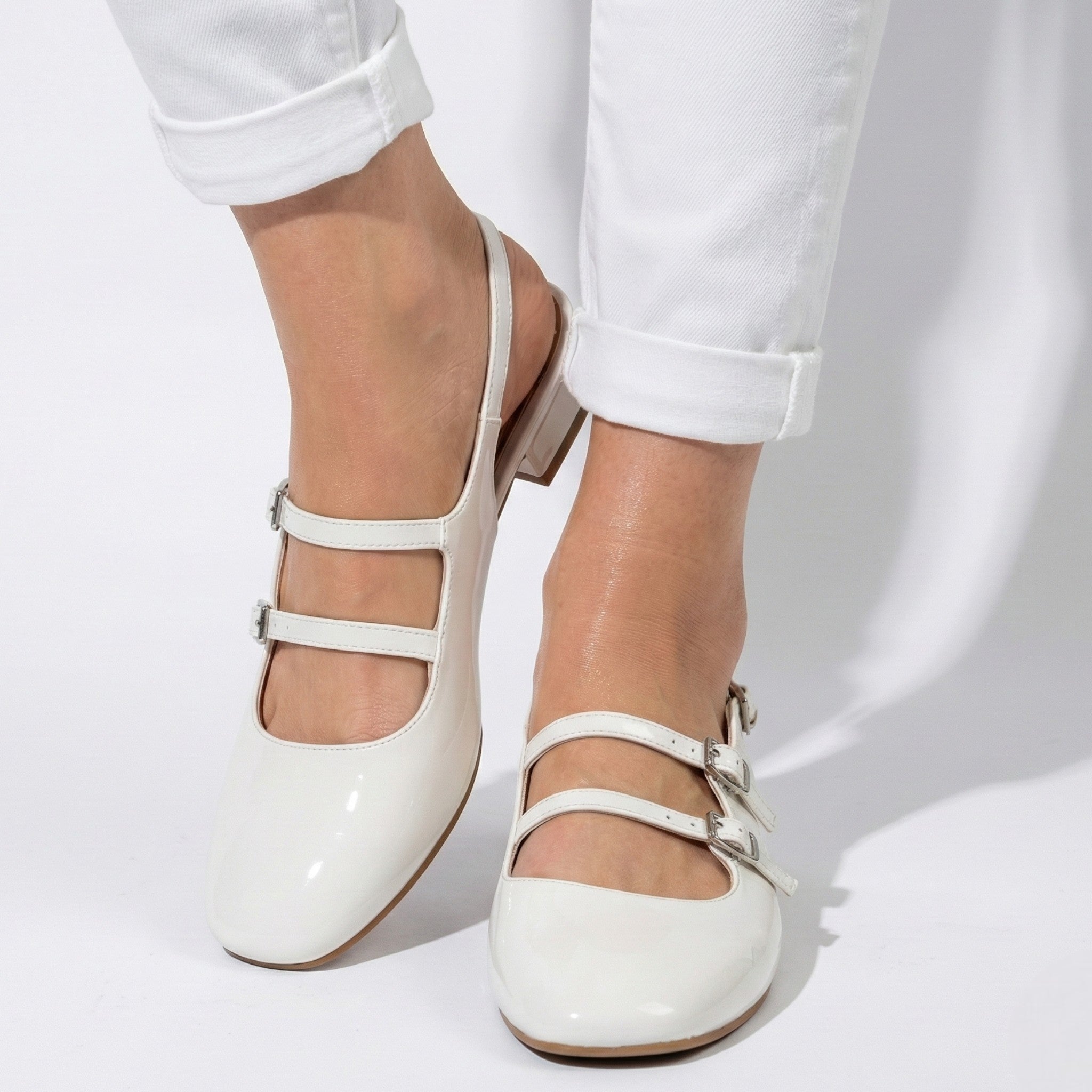 Ella - Women’s Leather Square Toe Mary Jane Shoes - Footwear - White - Jones & Smith