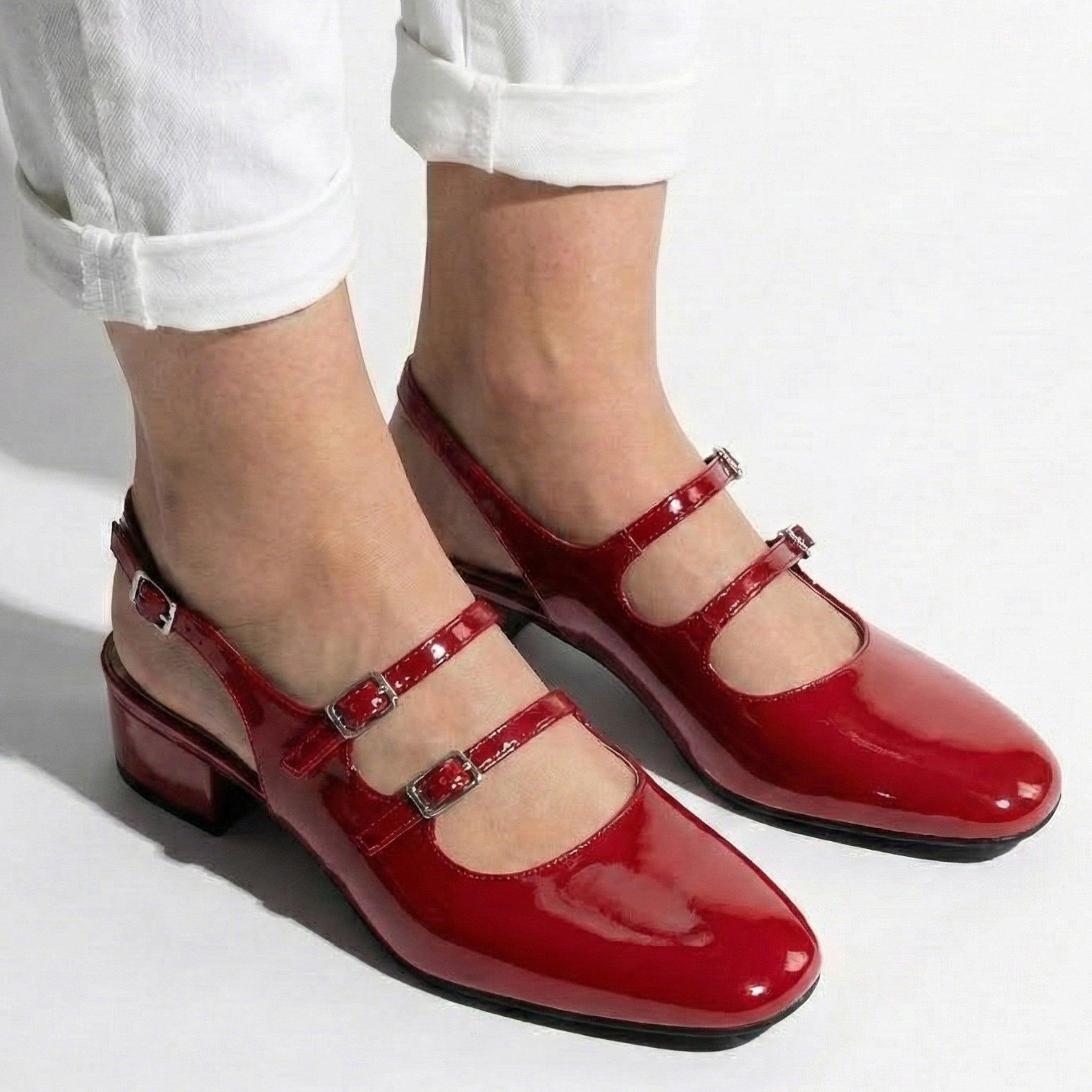 Ella - Women’s Leather Square Toe Mary Jane Shoes - Footwear - Red - Jones & Smith