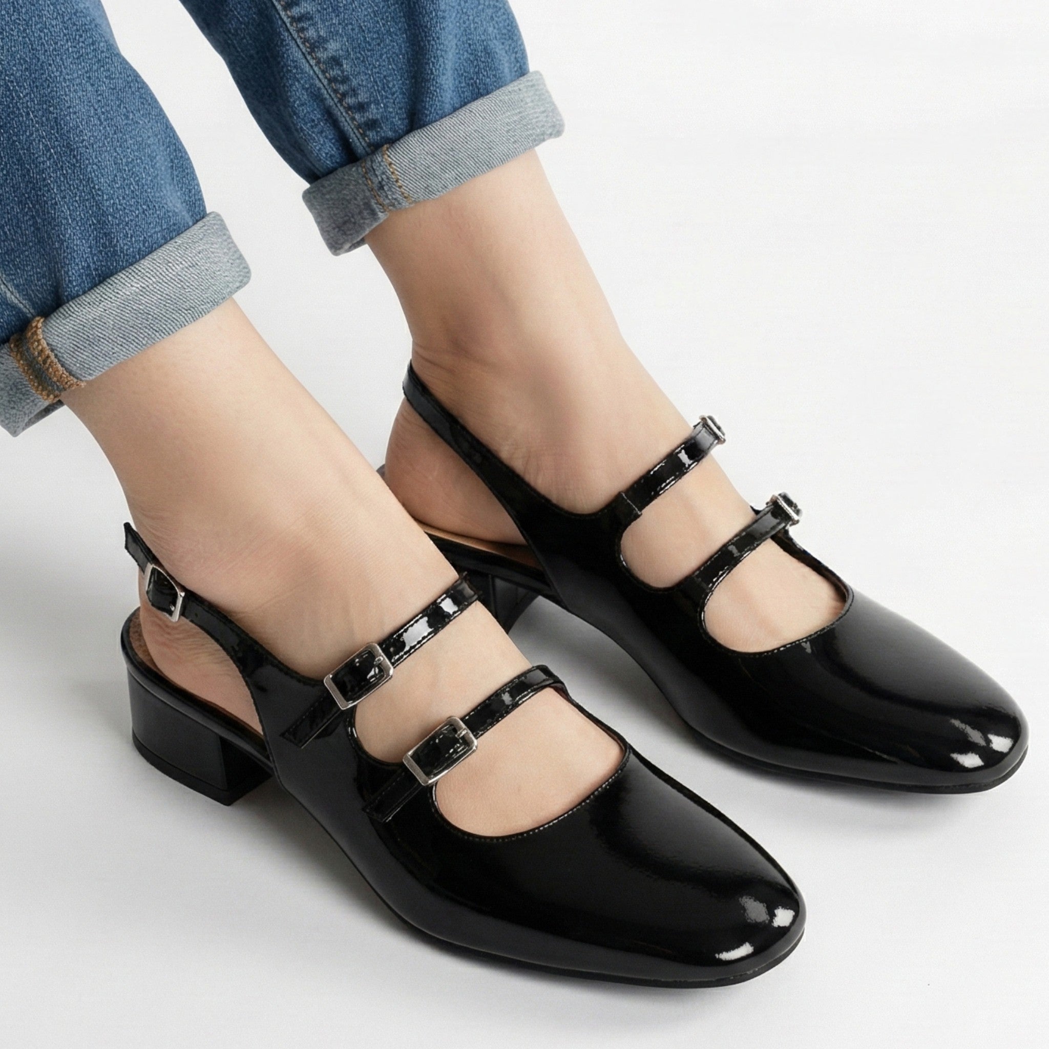 Ella - Women’s Leather Square Toe Mary Jane Shoes - Footwear - Black - Jones & Smith