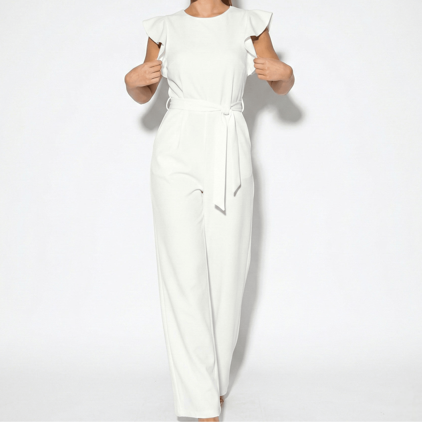 Ella - Women's Wide Leg Jumpsuit with Ruffle Sleeves - Jumpsuit - White - Jones & Smith