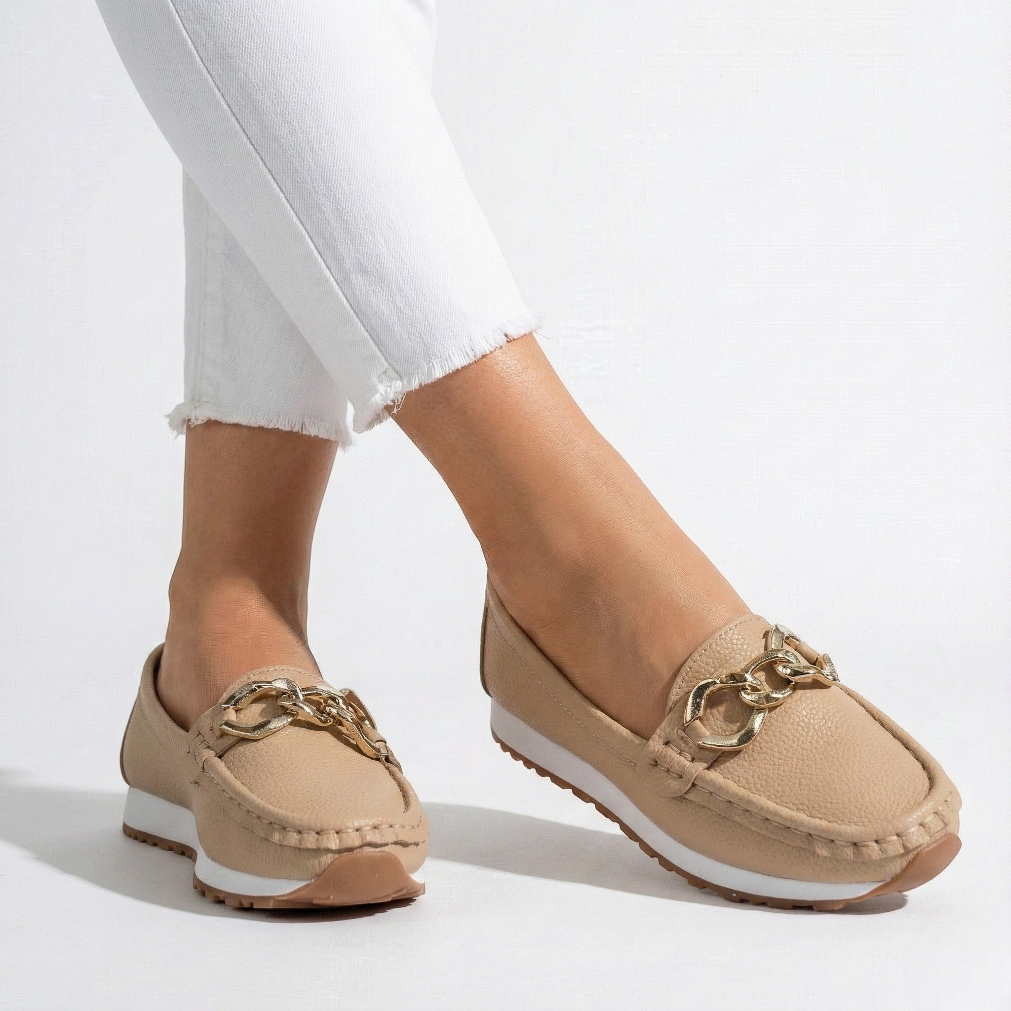 Ellie - Women's Flat Chain Buckled Loafers - Shoes - Khaki - Jones & Smith