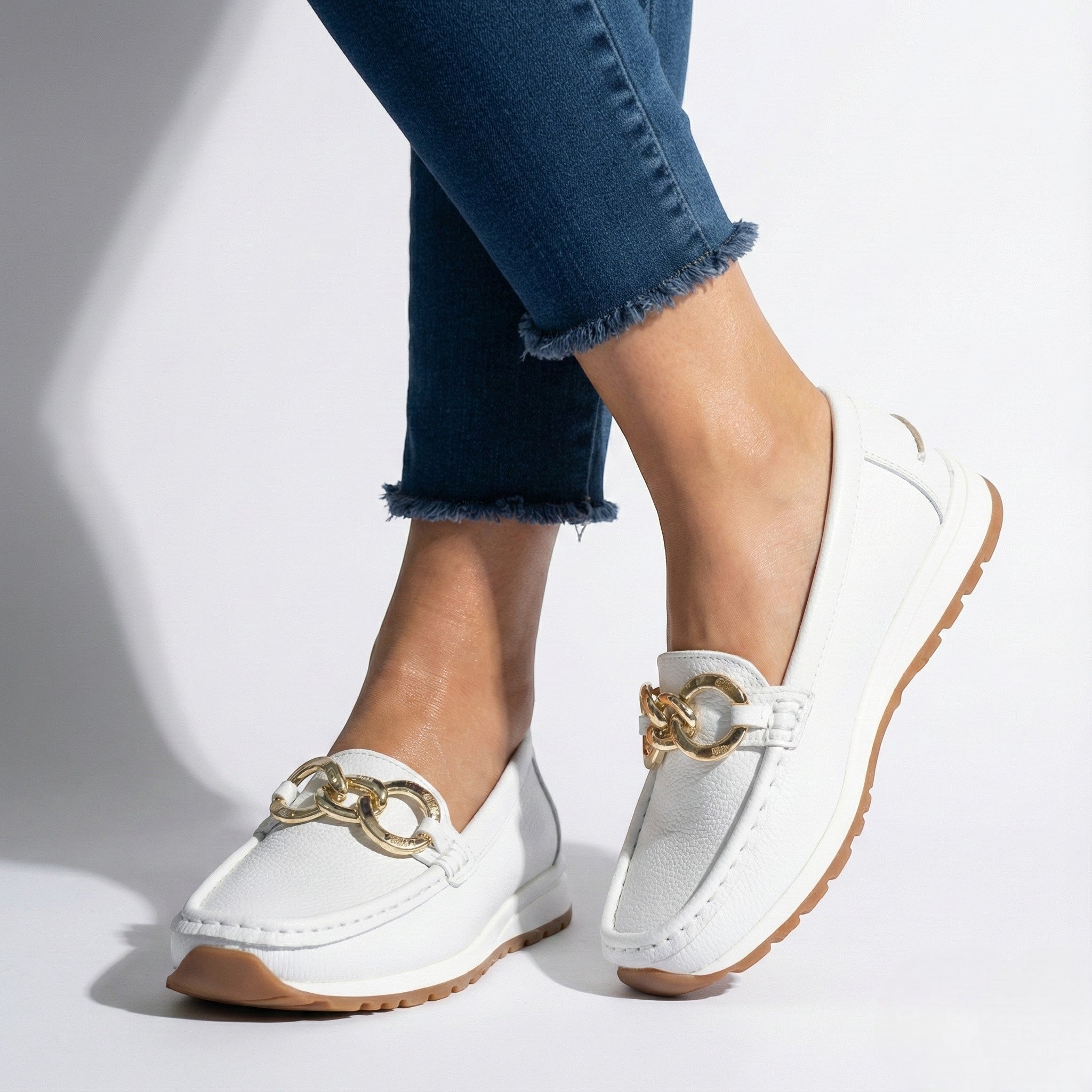 Ellie - Women's Flat Chain Buckled Loafers - Shoes - White - Jones & Smith
