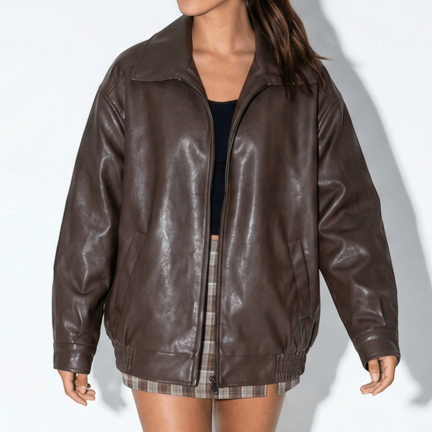Elsie - Women's Loose Leather Jacket with Classic Collar - Jacket - Brown - Jones & Smith