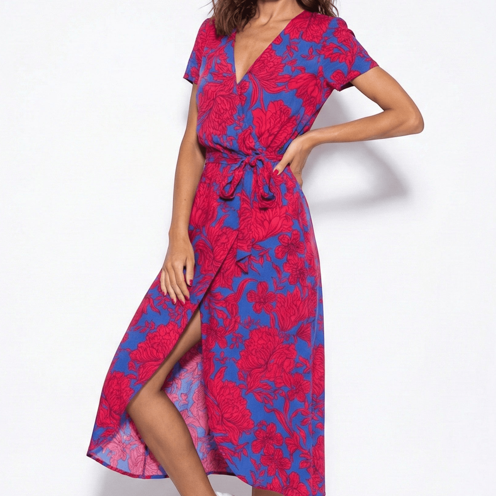 Emily - Women's Floral Wrap Maxi Dress with V - Neck - Dress - Red/Blue - Jones & Smith