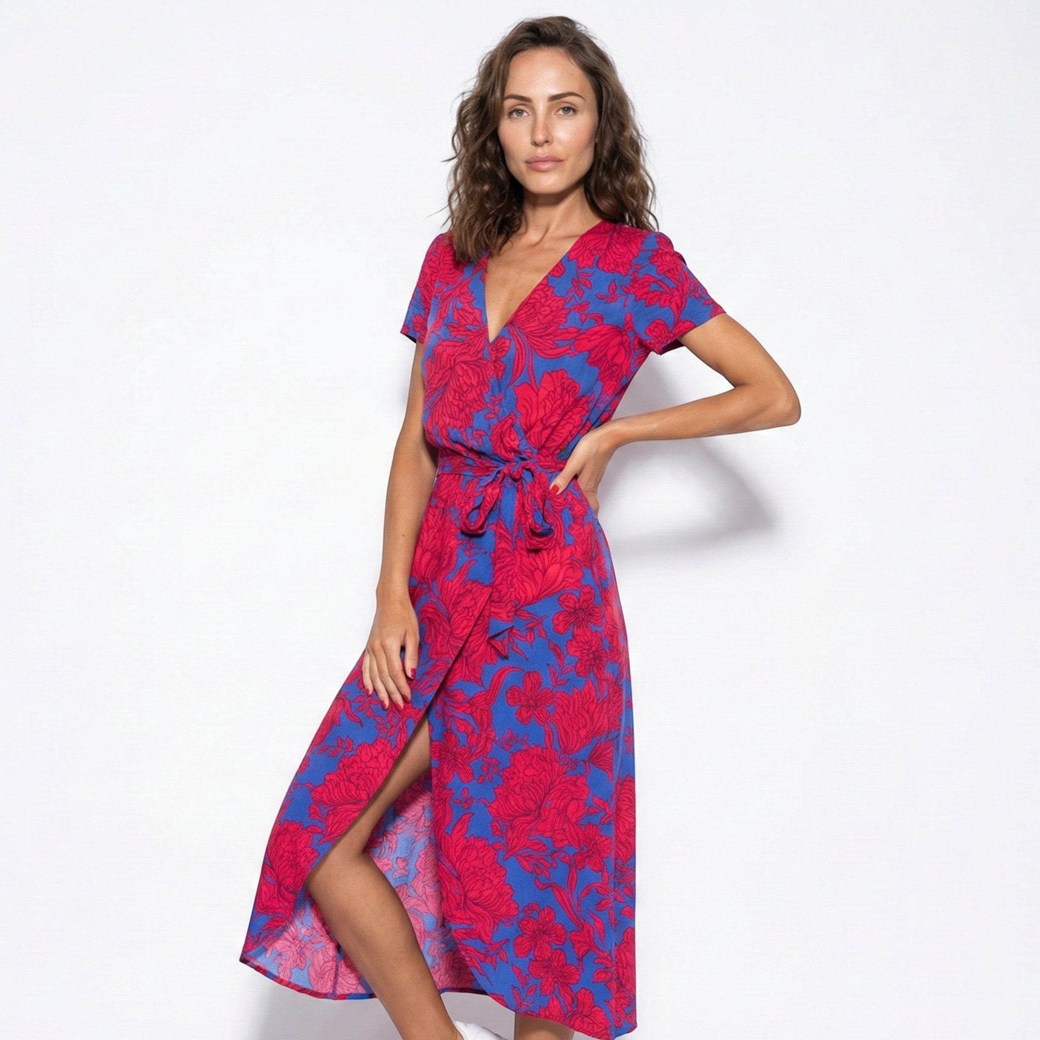 Emily - Women's Floral Wrap Maxi Dress with V - Neck - Dress - Red/Blue - Jones & Smith