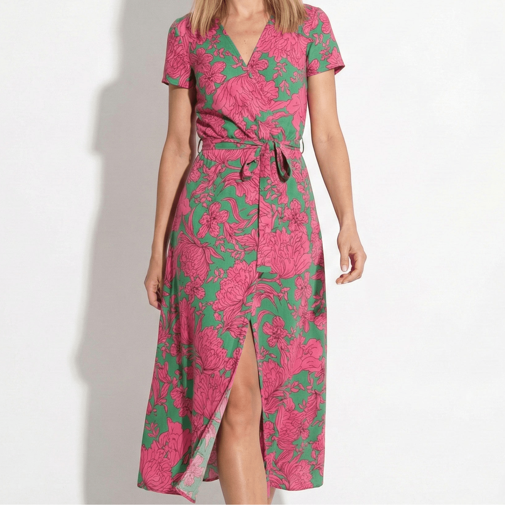 Emily - Women's Floral Wrap Maxi Dress with V - Neck - Dress - Pink - Jones & Smith
