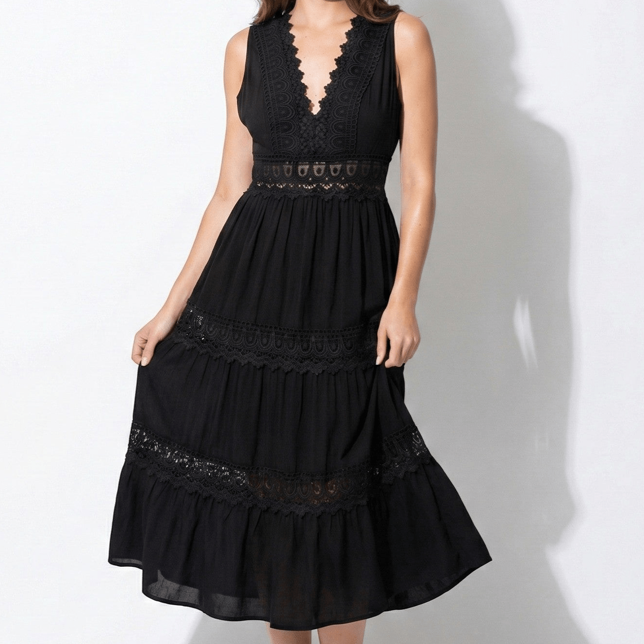 Emily - Women's Laced V - Neck Sleeveless Midi Dress - Dress - Black - Jones & Smith