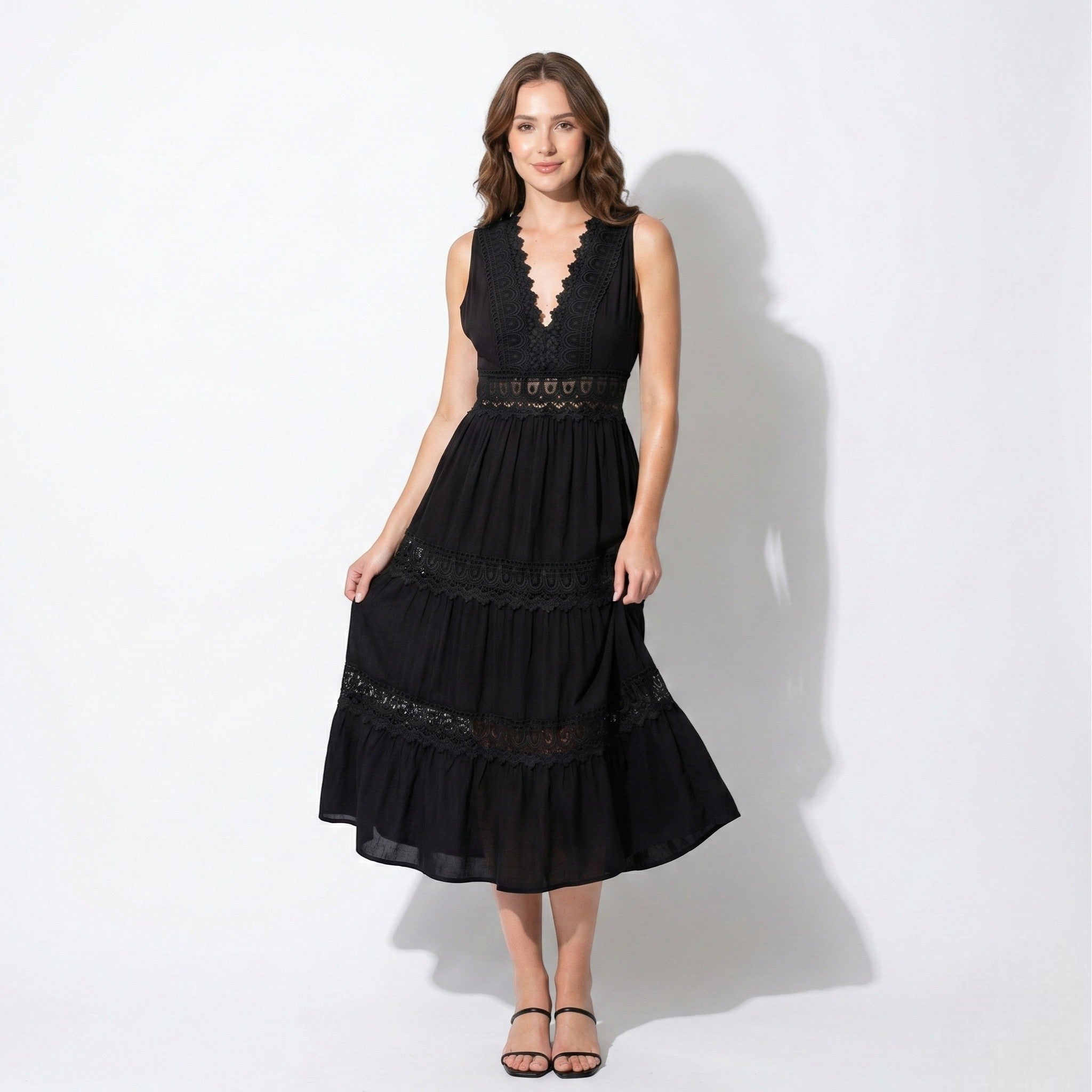 Emily - Women's Laced V - Neck Sleeveless Midi Dress - Dress - Black - Jones & Smith