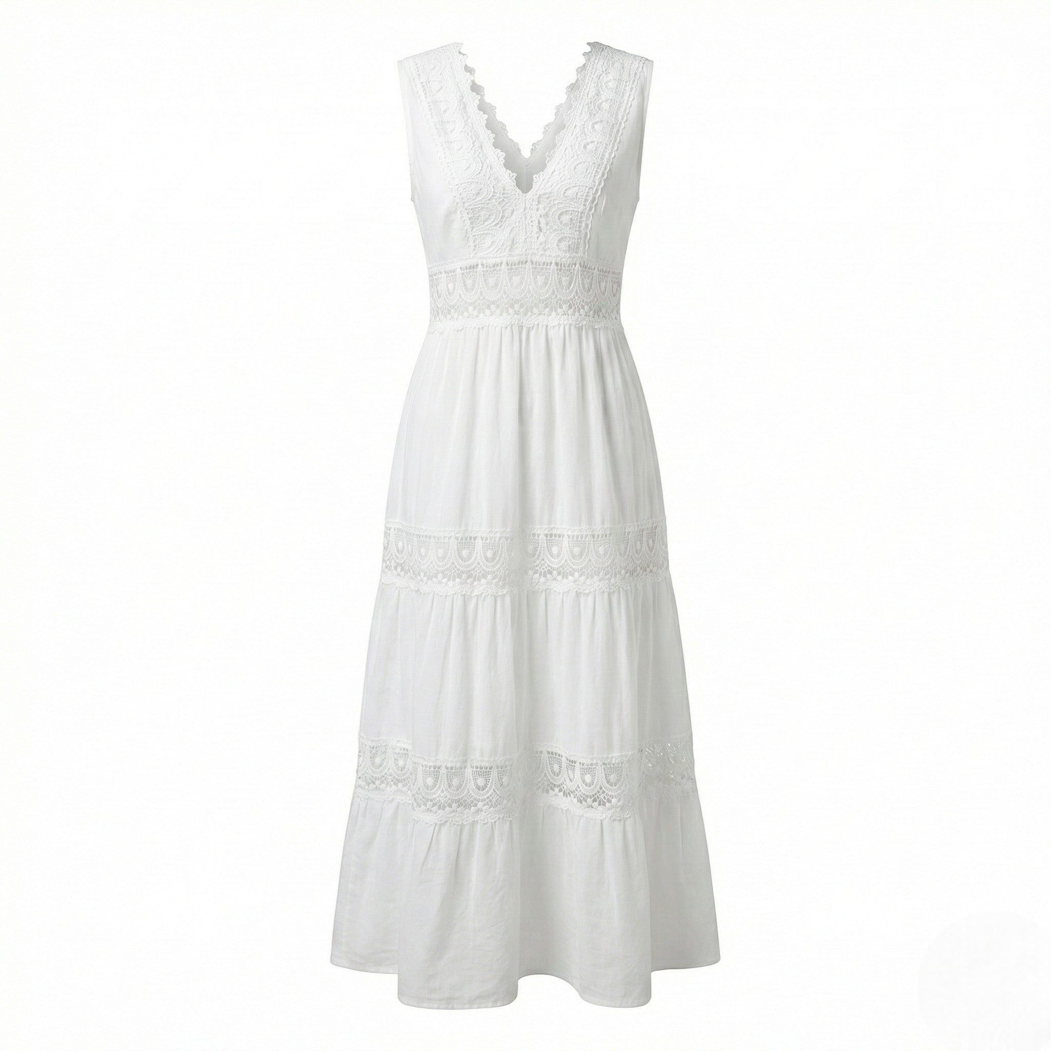 Emily - Women's Laced V - Neck Sleeveless Midi Dress - Dress - White - Jones & Smith