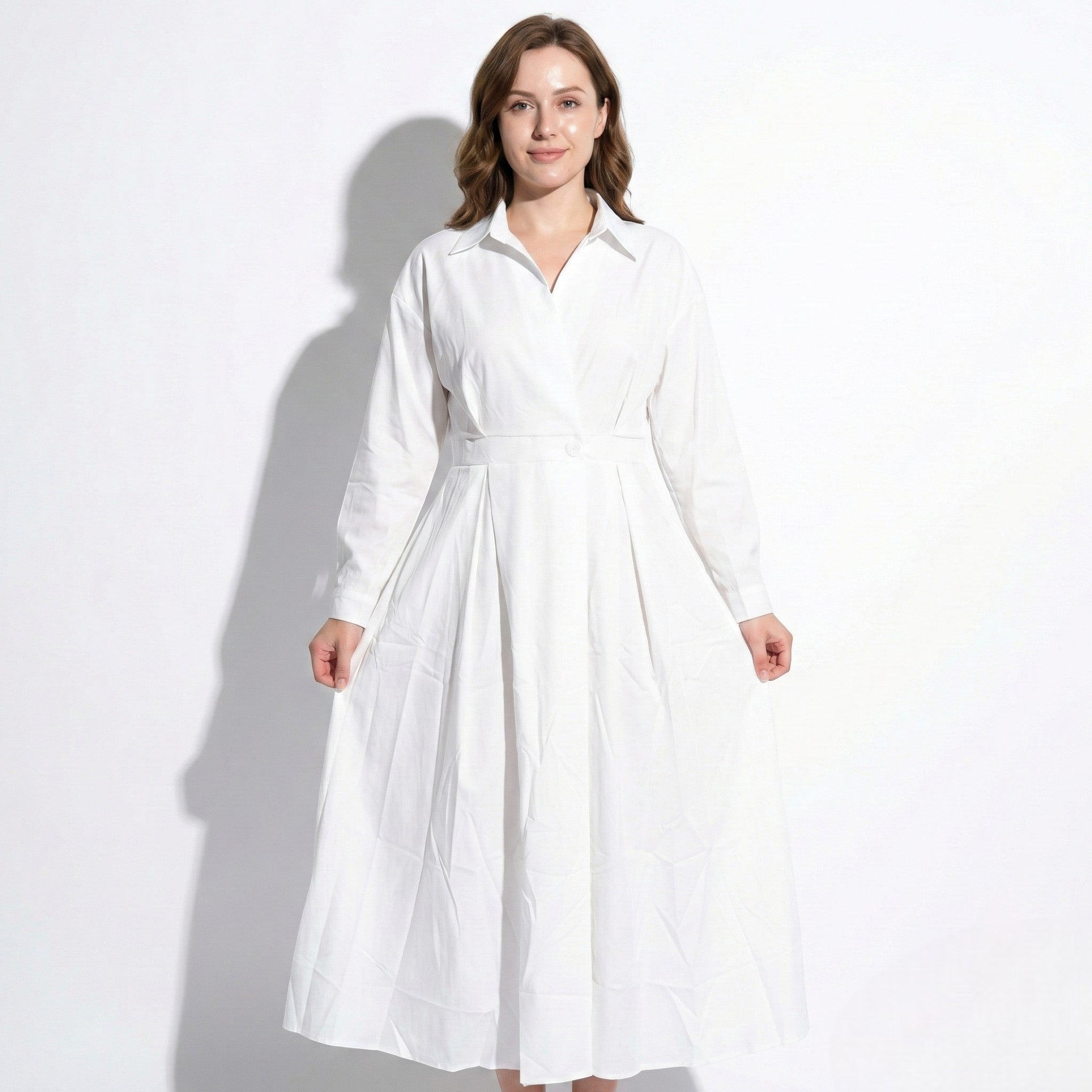 Emily - Women's Midi Shirt Dress with Buttons and Long Sleeves - Dresses - White - Jones & Smith