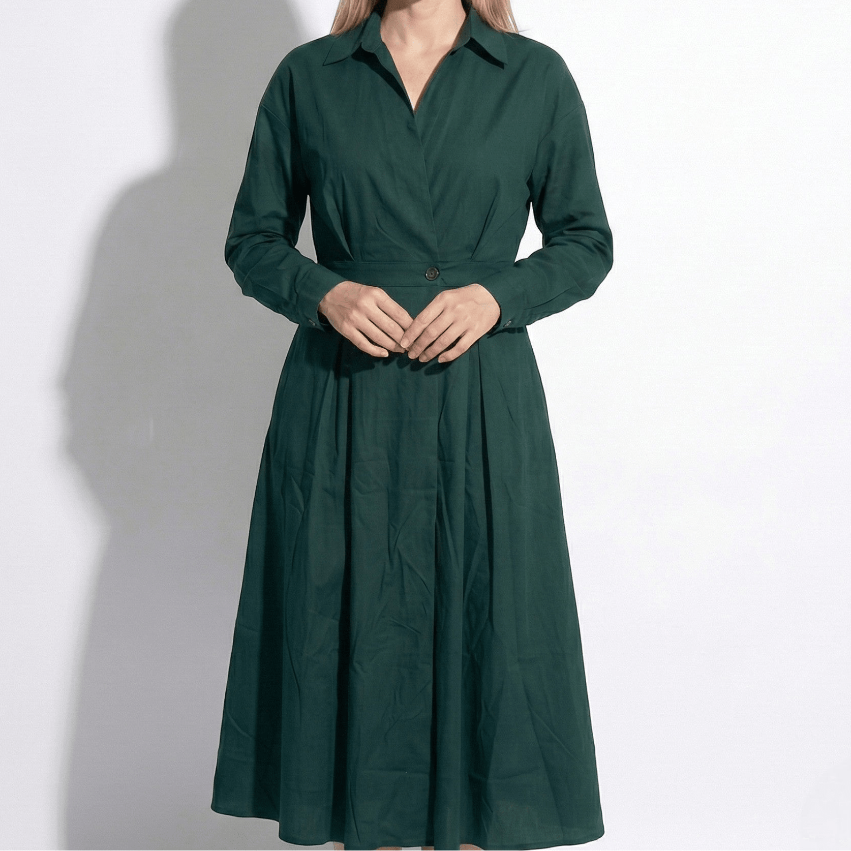 Emily - Women's Midi Shirt Dress with Buttons and Long Sleeves - Dresses - Army Green - Jones & Smith