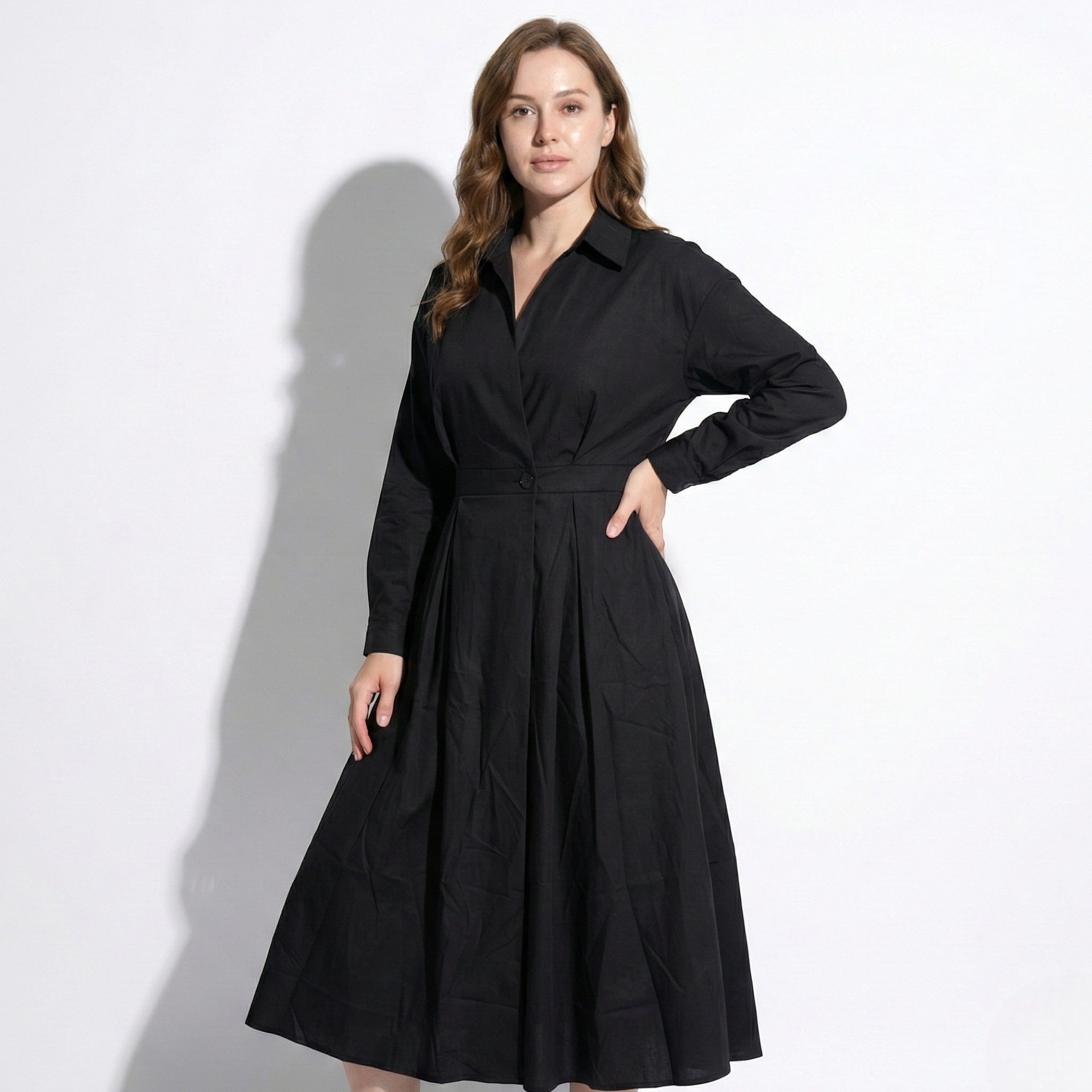 Emily - Women's Midi Shirt Dress with Buttons and Long Sleeves - Dresses - Black - Jones & Smith
