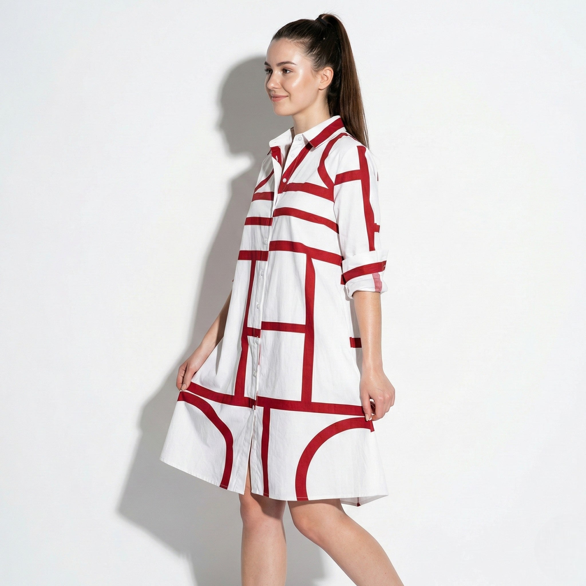 Emily - Women’s Shirt Dress with Button Front and Geometric Print - Mode Femme Robe - Red - Jones & Smith
