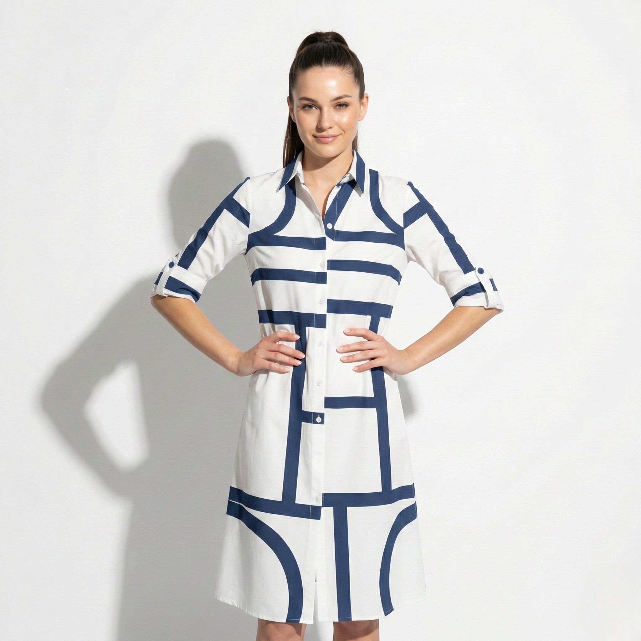 Emily - Women’s Shirt Dress with Button Front and Geometric Print - Mode Femme Robe - Blue - Jones & Smith