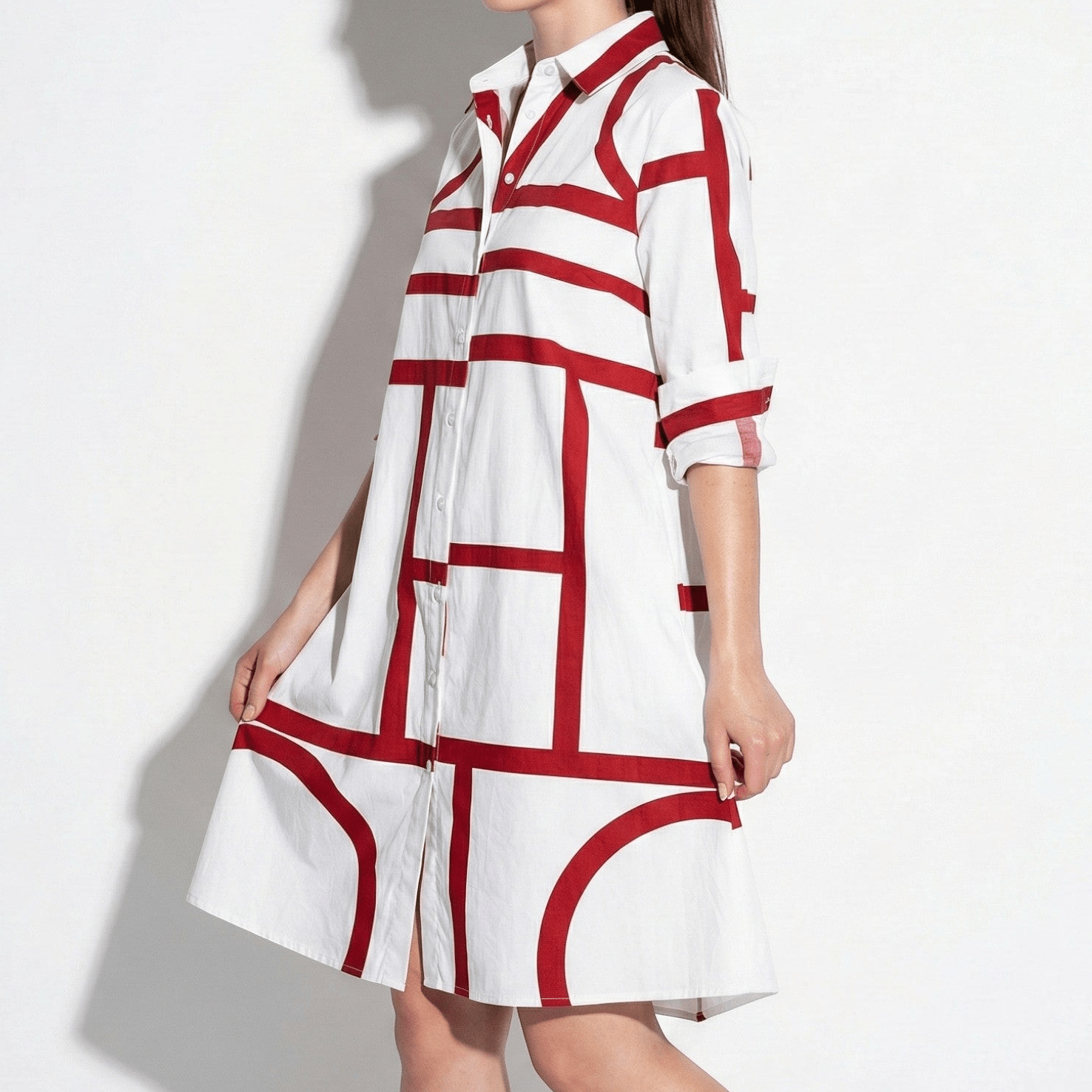 Emily - Women’s Shirt Dress with Button Front and Geometric Print - Mode Femme Robe - Red - Jones & Smith
