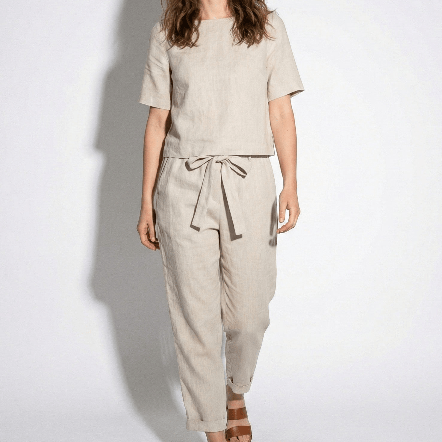 Emily - Women's Two - Piece Set with Short Sleeves and Tapered Trousers - Sets - Khaki - Jones & Smith