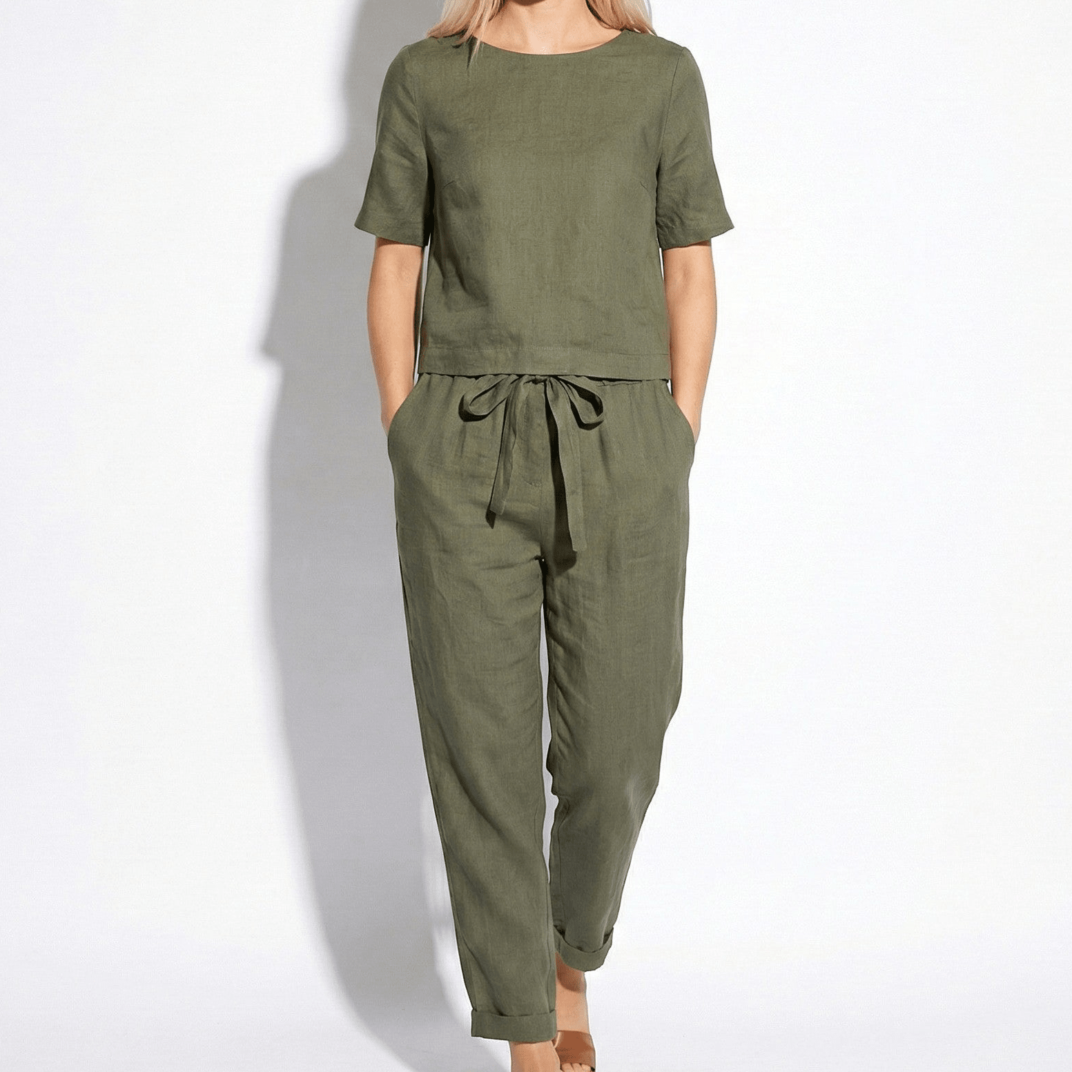 Emily - Women's Two - Piece Set with Short Sleeves and Tapered Trousers - Sets - Olive Green - Jones & Smith