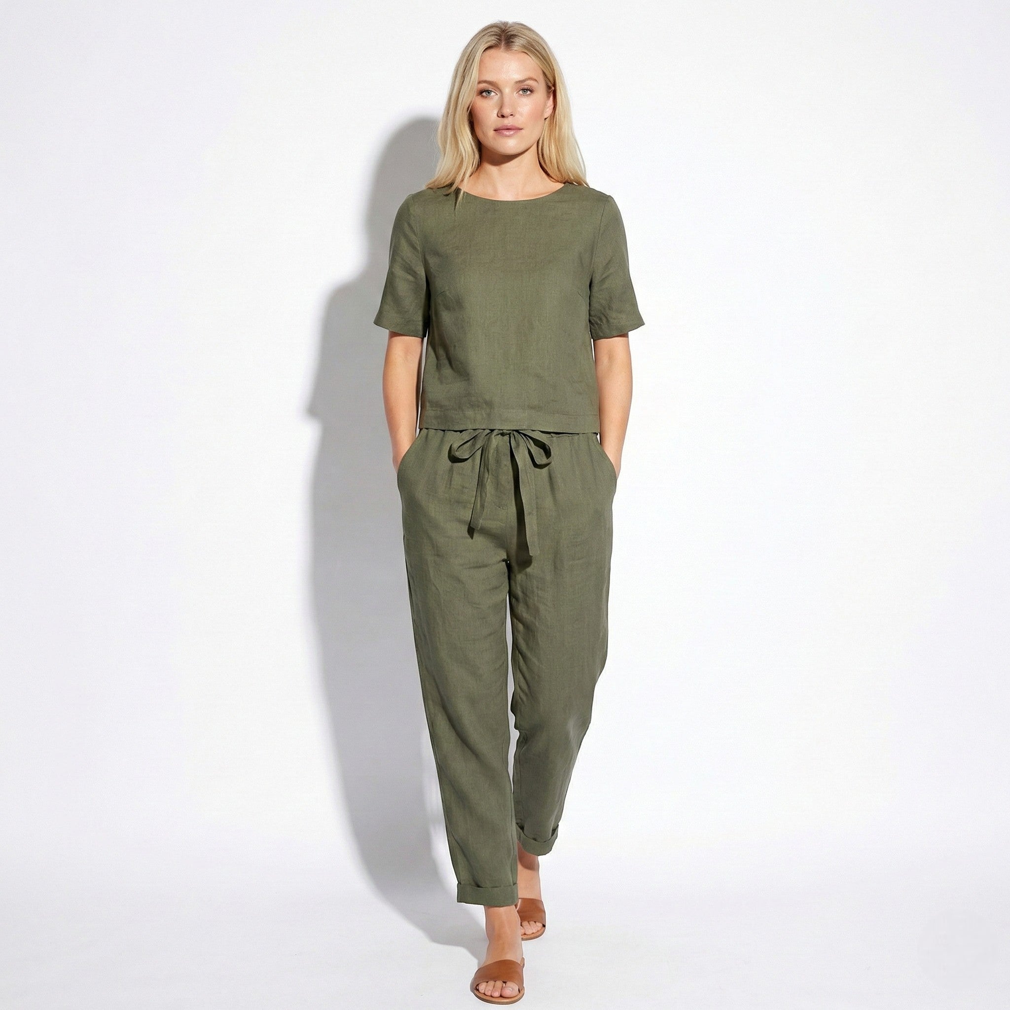 Emily - Women's Two - Piece Set with Short Sleeves and Tapered Trousers - Sets - Olive Green - Jones & Smith