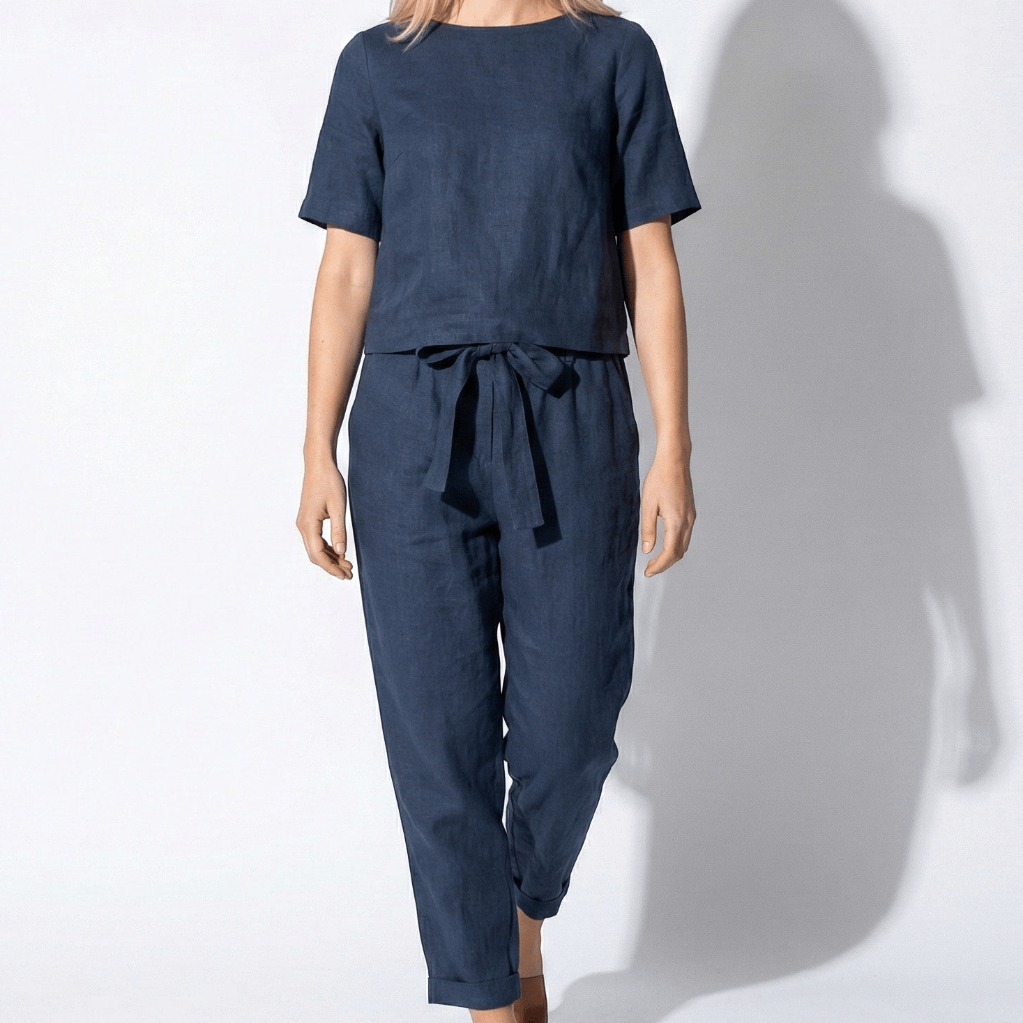 Emily - Women's Two - Piece Set with Short Sleeves and Tapered Trousers - Sets - Navy Blue - Jones & Smith