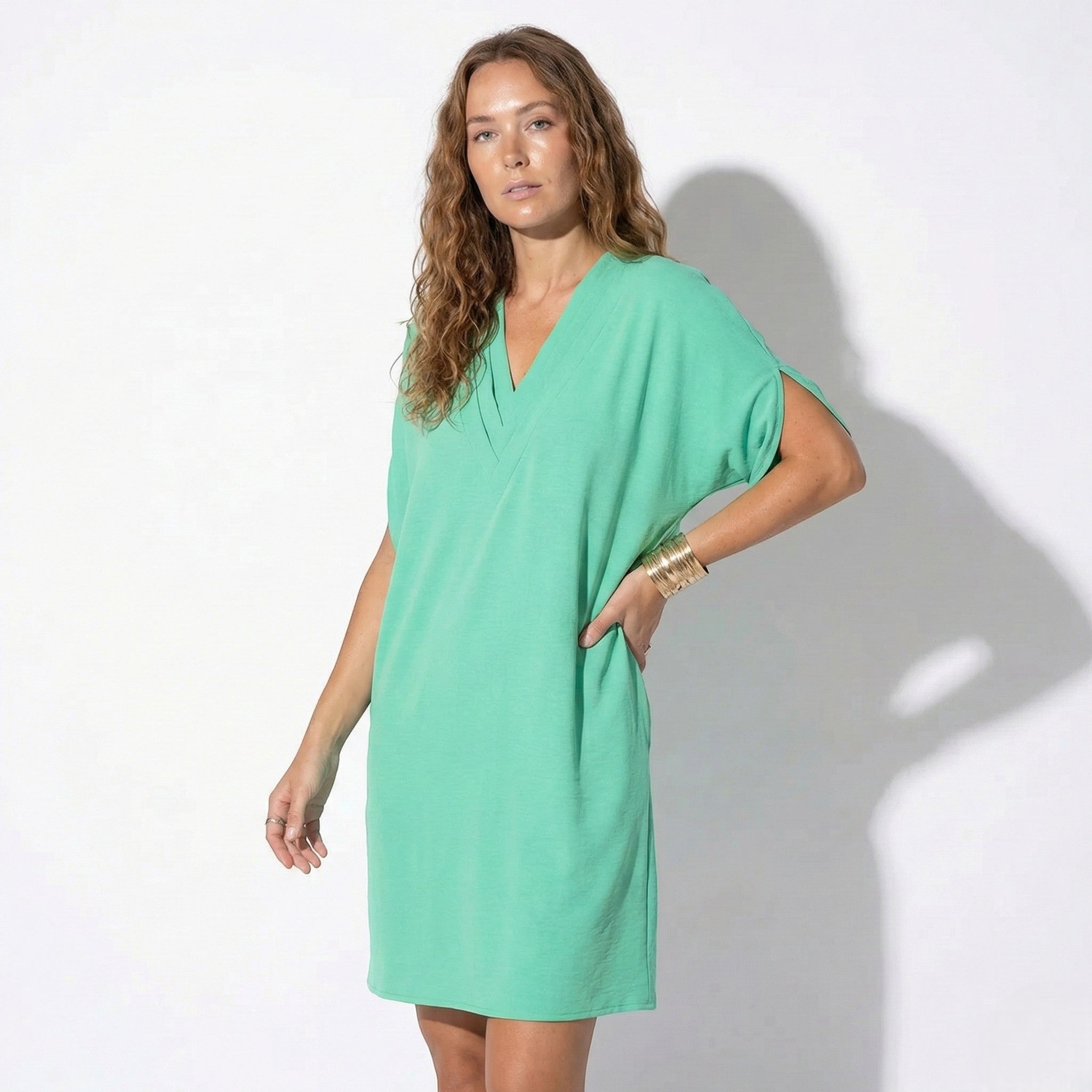 Emma - Women’s V Neck Dress with Relaxed Fit and Short Sleeves - Dress - Green - Jones & Smith